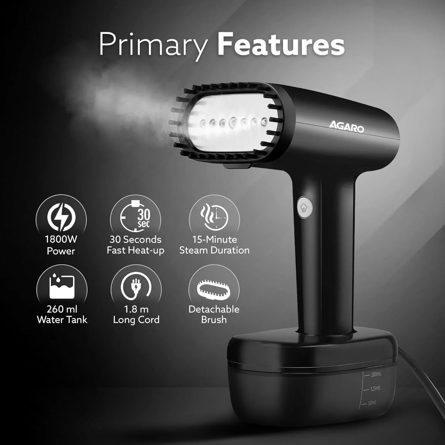 اتو بخار دستی لباس آگرارو مدل Icon، قابل استفاده به صورت افقی و عمودی، گرم شدن سریع، نازل بخار با پوشش سرامیکی، 1800 وات، مخزن آب 260 میلی لیتری، برس پارچه ای جداشدنی