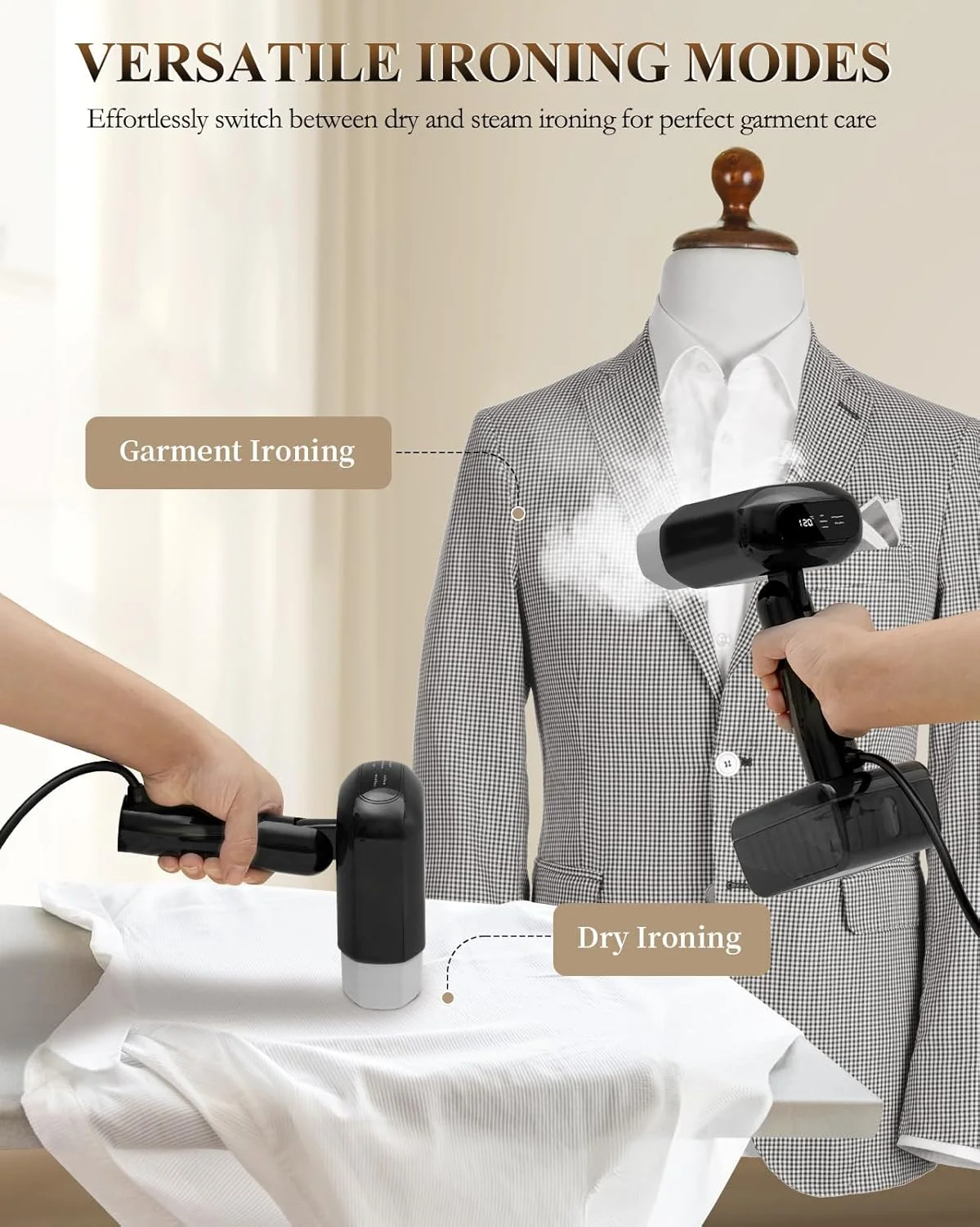 اتو بخار دستی لباس AMINAC با گرم شدن سریع 10 ثانیه ای، اتو بخار قدرتمند 1800 واتی لباس با مخزن 330 میلی لیتری، خاموش شدن خودکار و 5 تنظیمات بخار، اتو مسافرتی قابل حمل برای از بین بردن چین و چروک های قوی روی پارچه ها