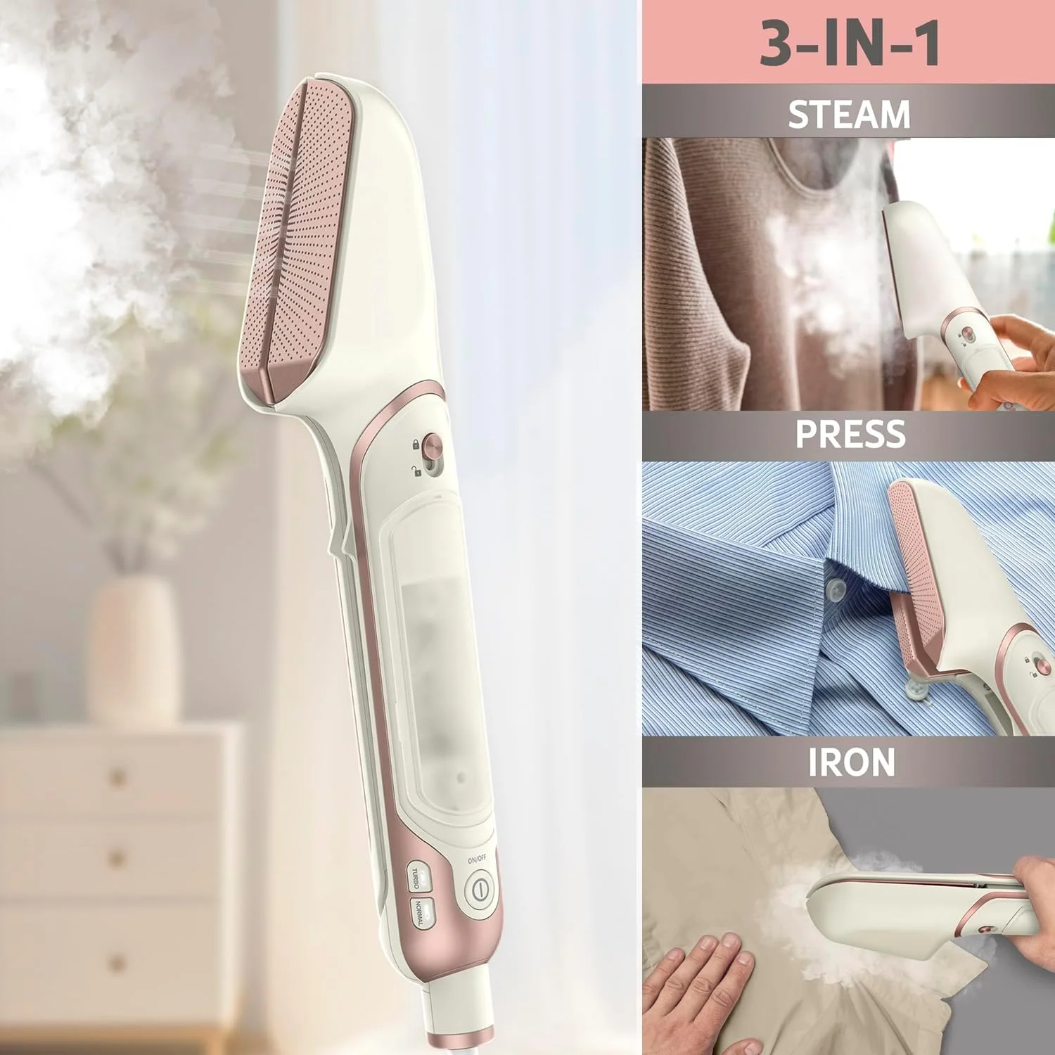 اتو بخار مسافرتی قابل حمل آنجو برای لباس، اتو بخار 3 در 1 برای از بین بردن سریع چروک، گرم شدن سریع، بخار مداوم، اتو پرس دستی برای خانه، محل کار یا مسافرت