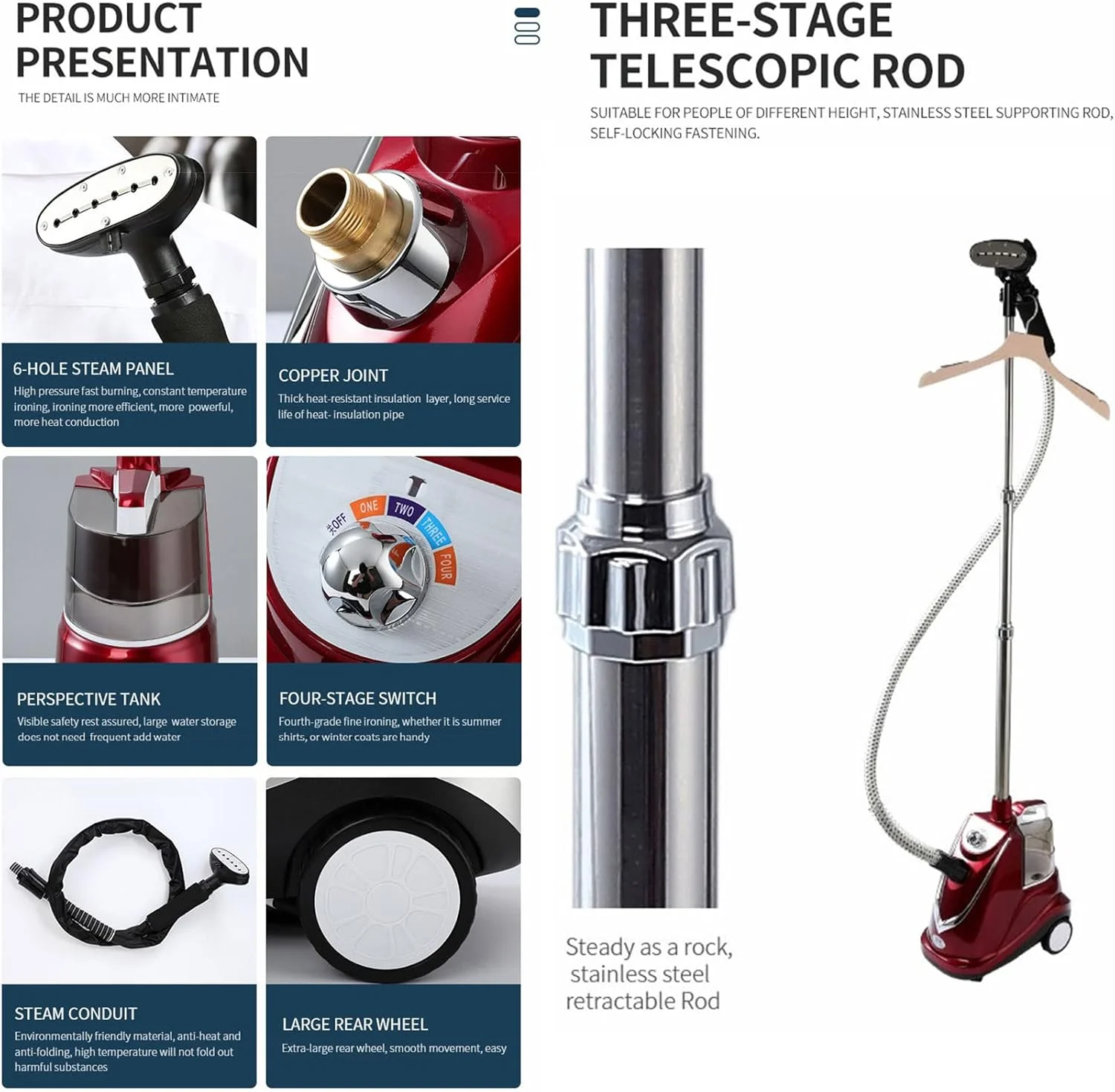 بخارگر لباس 2200 واتی، بخارگر لباس سنگین با مخزن آب بزرگ 3.8 لیتری، 4 حالت بخار، گرمایش سریع، 70 دقیقه بخار مداوم، مشکی (رزگلد)