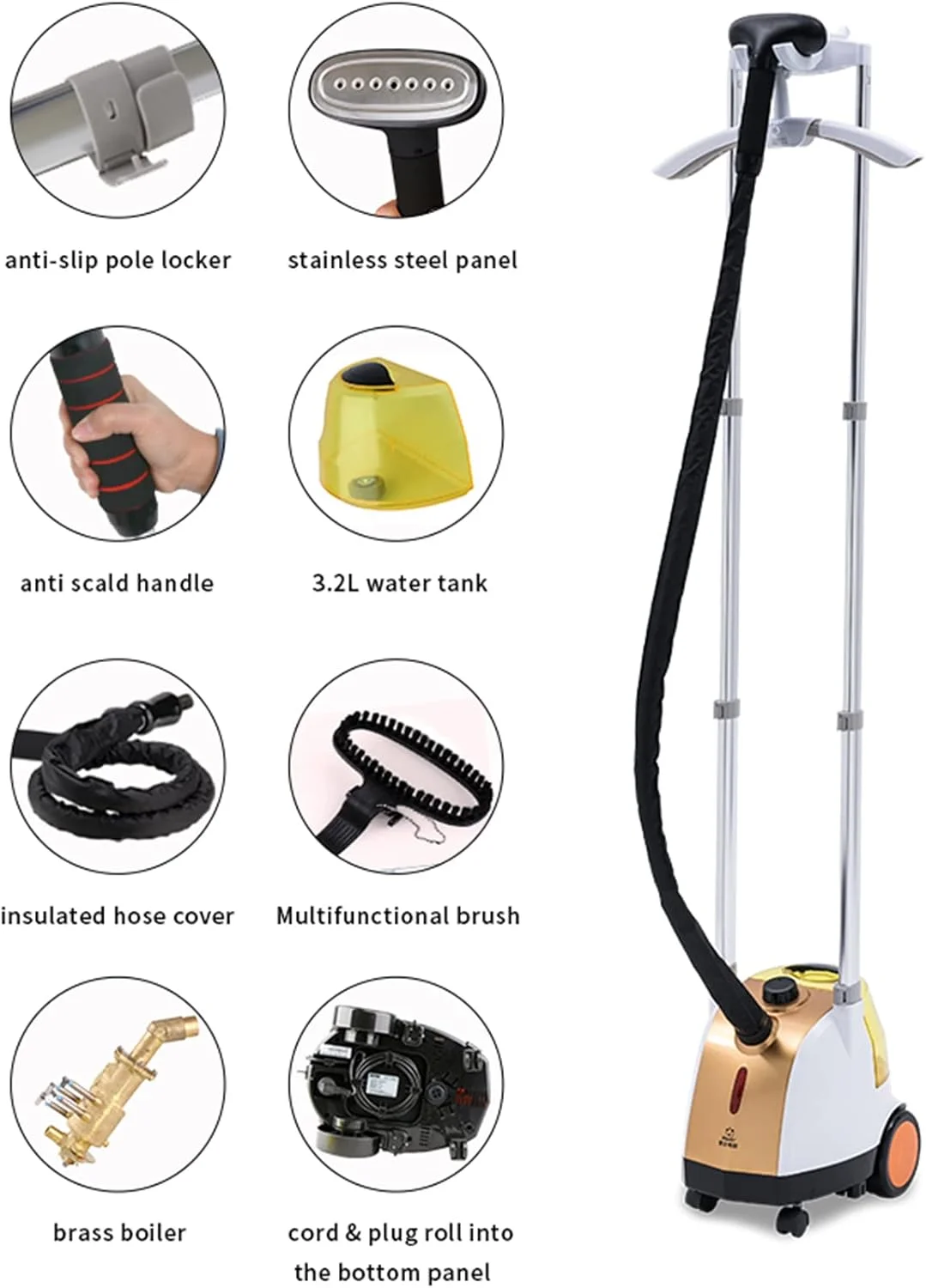 بخارگر لباس، بخارگر لباس با مخزن آب بزرگ 3.2 لیتری، گرم شدن سریع، 70 دقیقه بخار مداوم، رفع سریع چروک، طلایی (طلایی)