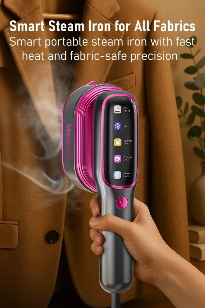 اتو بخار دینامیک Moxedo Heatrix با توان 1200 وات، اتو بخار دستی چرخشی قابل حمل، صفحه نمایش لمسی LCD با پایه ضد لغزش و نصب ایمن برای اتو کشی مسافرتی خانگی