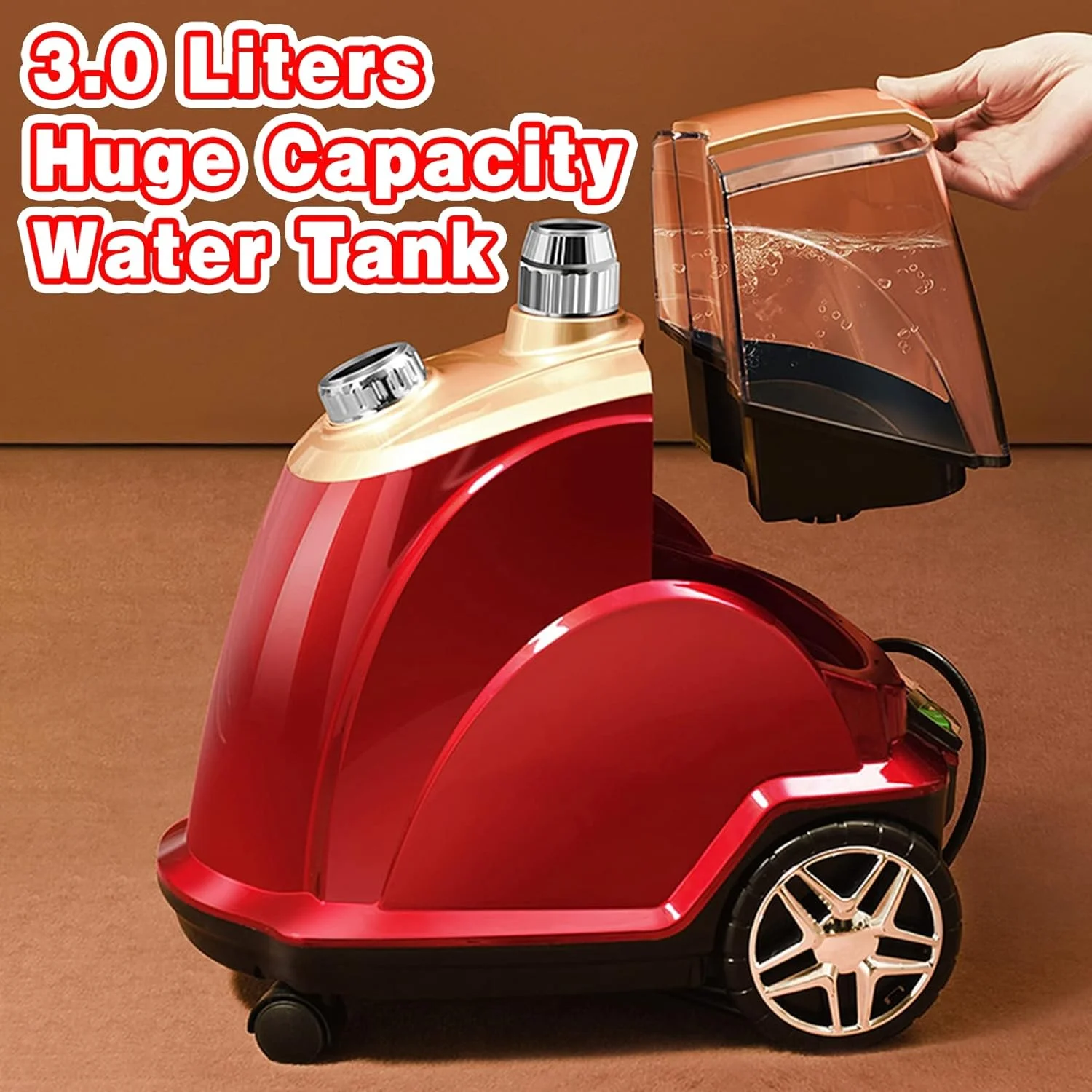 بخارگر عمودی لباس 2200 وات حرفه ای و سنگین برای مصارف تجاری، حذف سریع چروک در 30 ثانیه با مخزن آب 3.0 لیتری، اتو بخار دستی لباس، قرمز (طلایی)