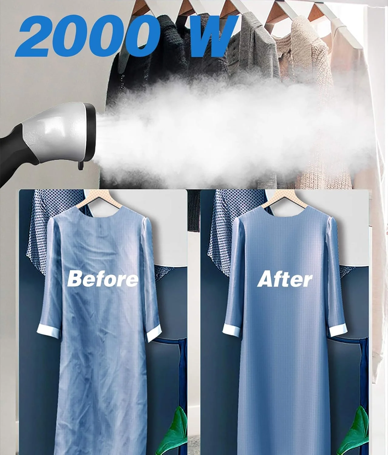 بخارگر عمودی لباس 2000 وات حرفه ای و سنگین برای مصارف تجاری و خانگی، اتو بخار دستی لباس با قابلیت حذف سریع چروک در 45 ثانیه، نقره ای (نقره ای)
