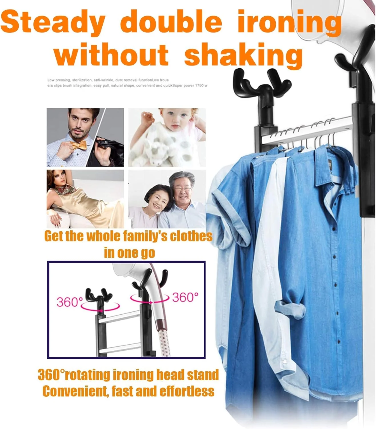 بخارگر عمودی لباس 2000 وات، اتو بخار کوچک آویز، اتو بخار دستی، با میز اتو و مخزن آب 1.7 لیتری (آبی)