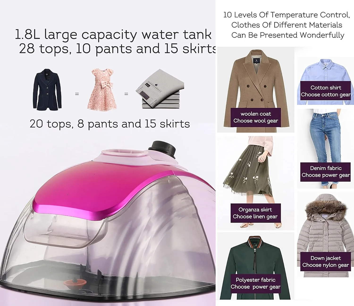 اتو بخار ایستاده لباس، اتو بخار پرس، اتو بخار ایستاده لباس با قابلیت حذف سریع چروک در 35 ثانیه، 10 حالت بخار با مخزن آب 1.8 لیتری، بنفش (بنفش)