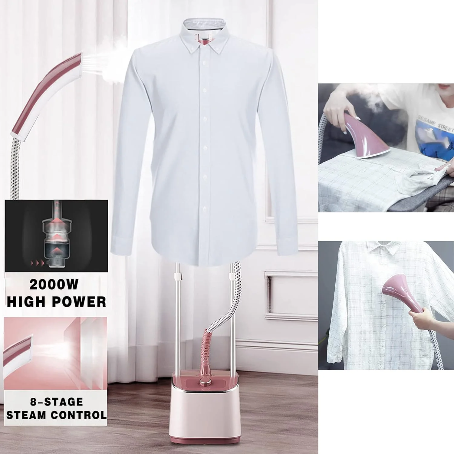 بخارگر ایستاده لباس 2000 وات حرفه ای و سنگین برای مصارف تجاری، کنترل بخار 8 مرحله ای، مخزن آب 2 لیتری، اتوکشی مداوم به مدت 50 دقیقه