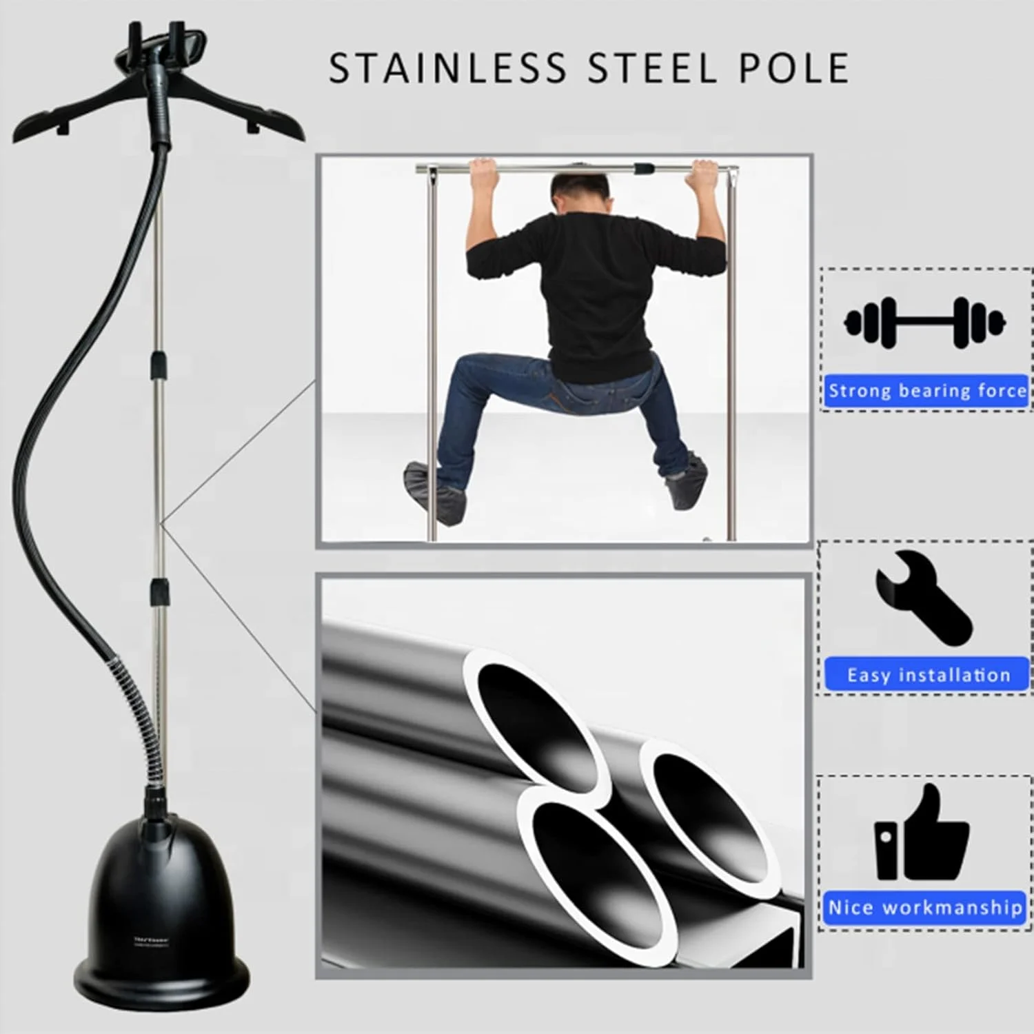 بخارگر ایستاده لباس - بخارگر عمودی ایستاده با آویز ضد لغزش، بخارگر قدرتمند 1750 واتی با گرم شدن سریع 45 ثانیه ای، چین و چروک ها را فورا از بین می برد، سفید (مشکی)
