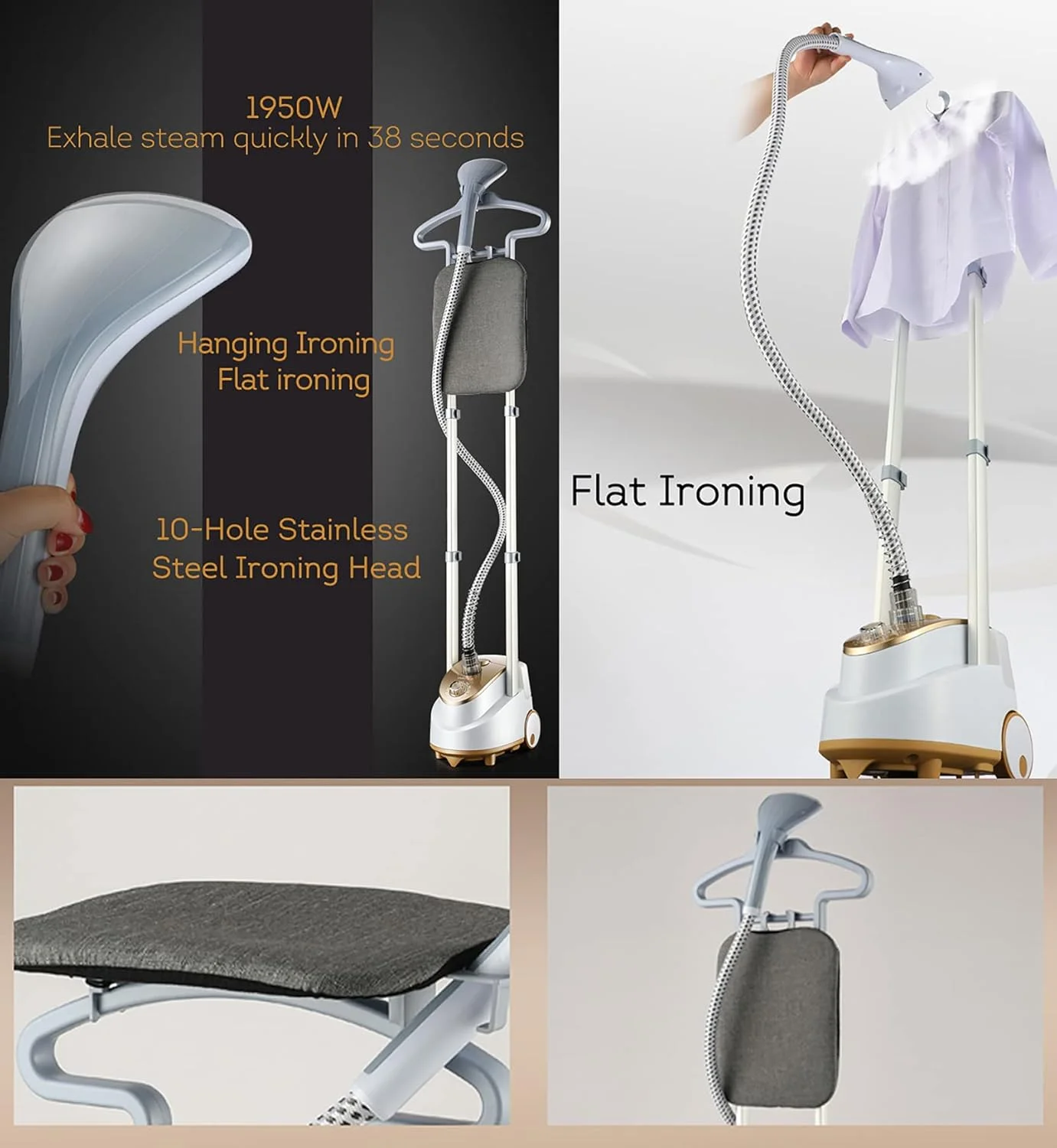 بخارگر لباس، بخارگر عمودی لباس 1950 وات حرفه ای برای مصارف تجاری و خانگی، حذف سریع چروک در 45 ثانیه با میز اتو و مخزن آب 1.6 لیتری، طلایی