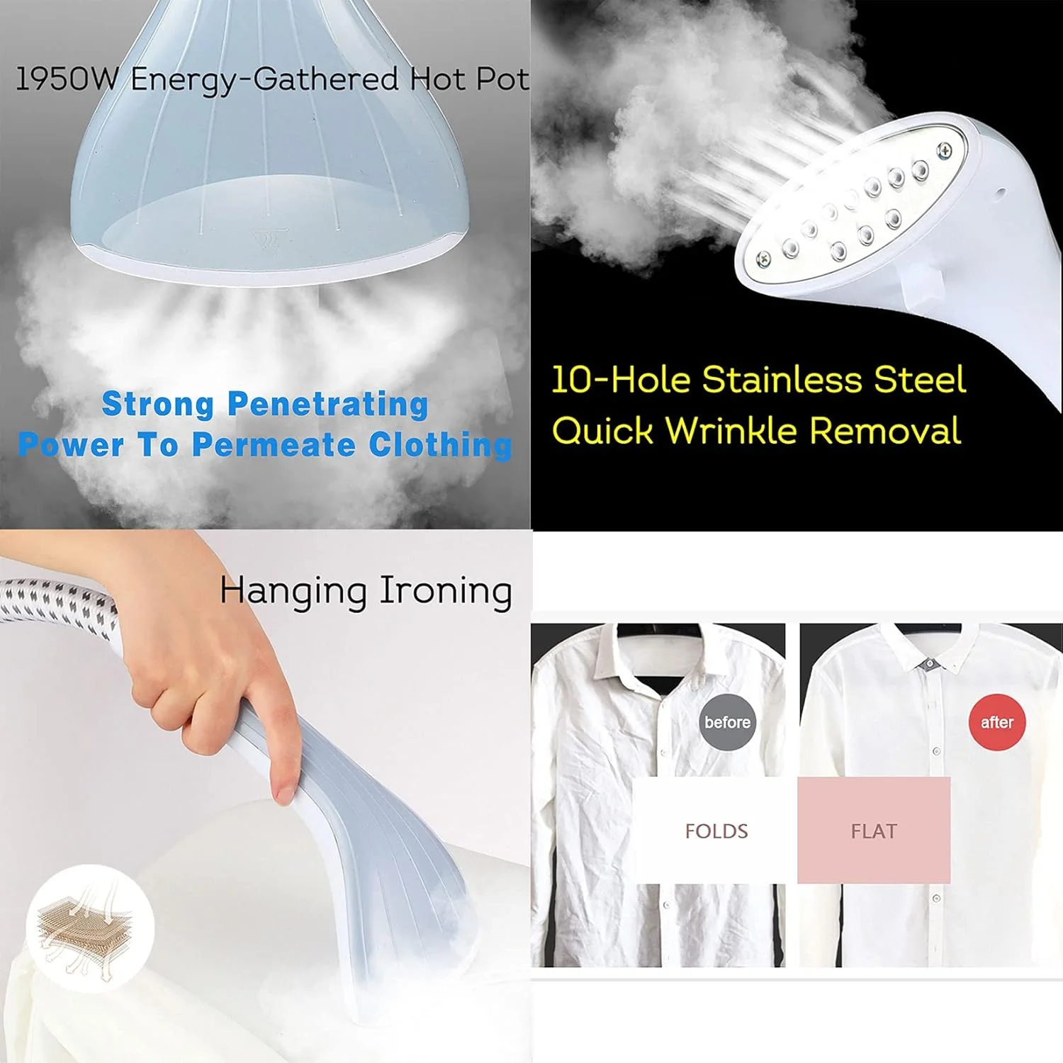 بخارگر لباس، بخارگر عمودی لباس 1950 وات حرفه ای برای مصارف تجاری و خانگی، حذف سریع چروک در 45 ثانیه با میز اتو و مخزن آب 1.6 لیتری، طلایی