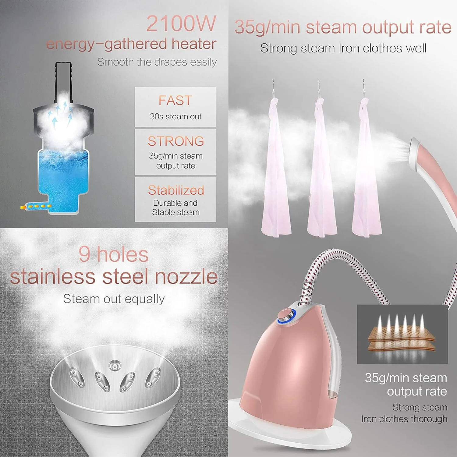 بخارگر عمودی حرفه ای لباس 2000 وات، اتو بخار پارچه لباس مناسب مصارف خانگی و تجاری، گرم شدن سریع 45 ثانیه ای و رفع چروک (قهوه ای)