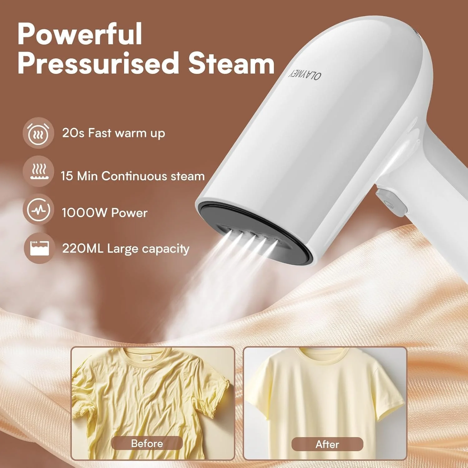 اتو بخار مسافرتی OLAYMEY، بخارگر لباس، خروجی بخار 30 گرم در دقیقه، اتو بخار قابل حمل، گرمایش سریع 20 ثانیه ای، بخارگر دستی برای لباس، برس بخار سبک وزن برای خانه، دفتر
