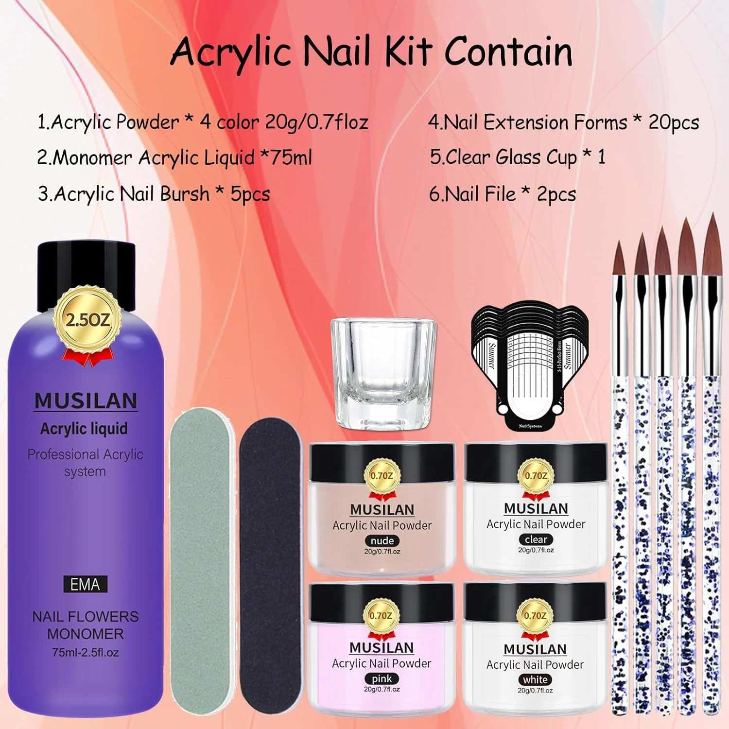 ست کاشت ناخن اکریلیک با مونومر مایع حرفه ای، پودر، 5 عدد برس، تیپ و قالب برای کاشت - سیستم شروع طراحی ناخن