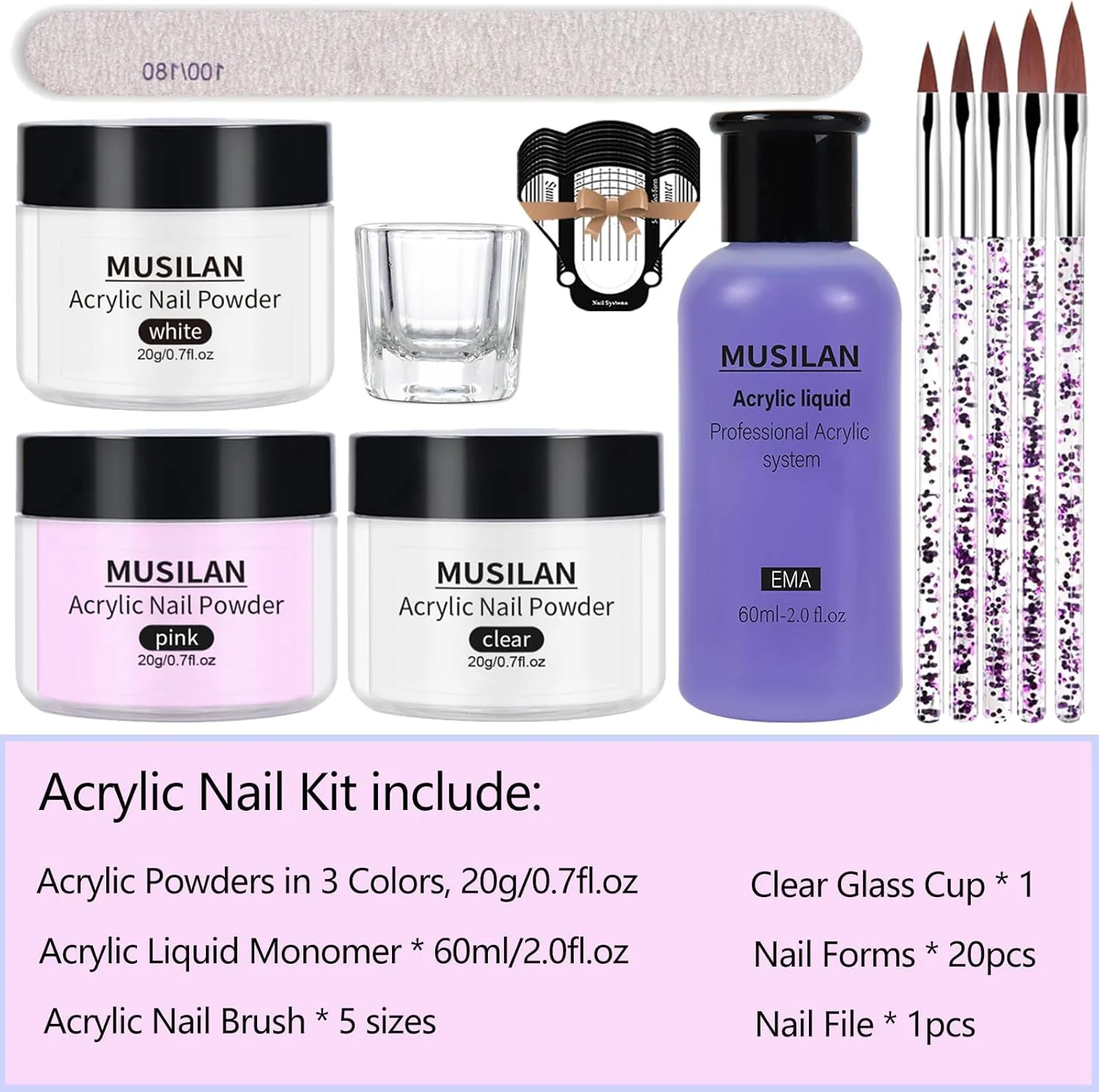 کیت ناخن اکریلیک - مجموعه پودر اکریلیک و مونومر مایع، 3 رنگ، ست حرفه ای ناخن اکریلیک به همراه برس ناخن، تیپ ناخن، پودر اکریلیک ناخن، مایع اکریلیک، کیت مبتدی هنر ناخن اکریلیک، شفاف، سفید، صورتی