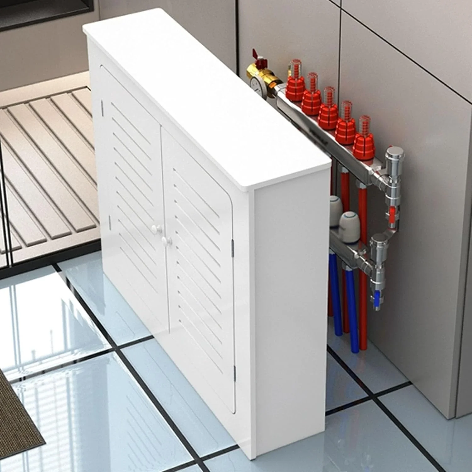 کاور شوفاژ کابینتی YUGXTH، کاور شوفاژ PVC، کاور شوفاژ مدرن سفید، کابینت قفسه ای شوفاژ، کابینت زمینی حمام با 2 درب، مناسب اتاق نشیمن، مبلمان منزل (L100xH70xW25cm)