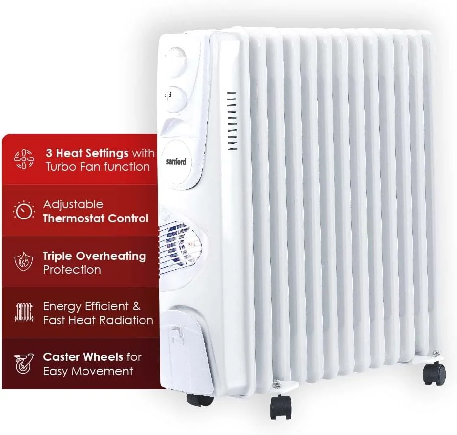 بخاری رادیاتوری روغنی 13 پره سنفورد | توان 2900 وات | 3 تنظیمات حرارت | ترموستات قابل تنظیم | محافظت در برابر گرمای بیش از حد | عملکرد بی صدا | بخاری اتاق قابل حمل (سفید)