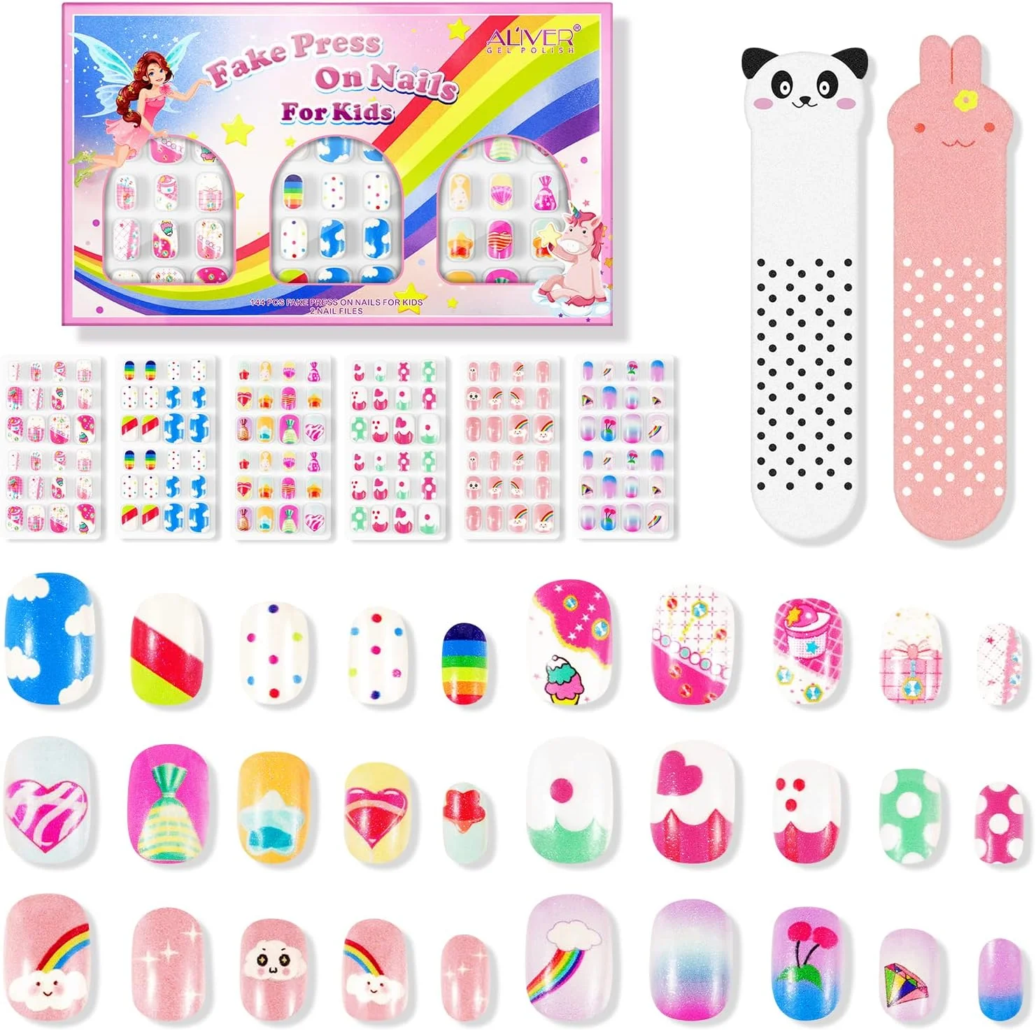 ناخن مصنوعی چسبی دخترانه ALIVER، 144 عدد ناخن مصنوعی بچگانه، نوک ناخن مصنوعی از قبل چسب دار پوشش کامل ناخن های اکریلیک کوتاه برای تزئین ناخن دخترانه (آبنبات رنگین کمانی)