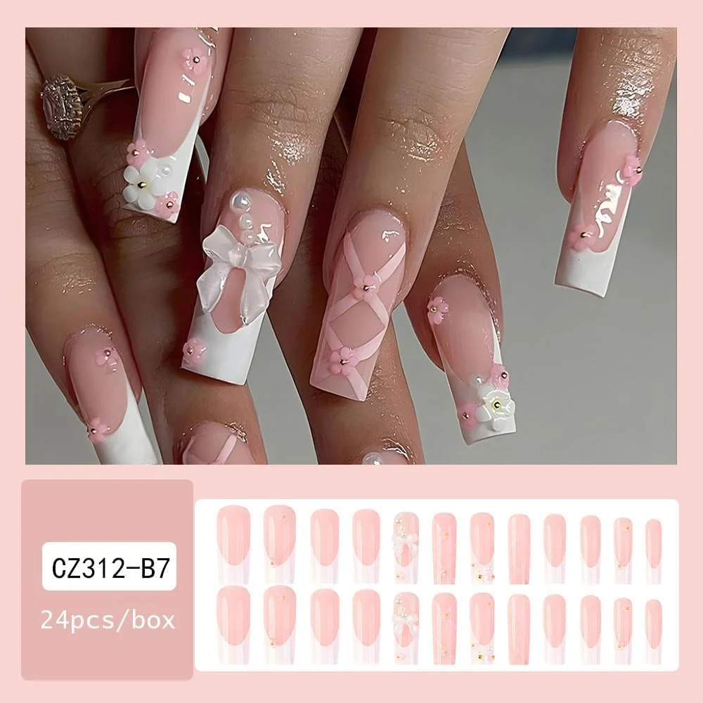 ناخن مصنوعی بلند مربعی آزون، 24 عدد، صورتی براق، ناخن های اکریلیک سفید، چسب ناخن برهنه براق، نوک ناخن مصنوعی فرانسوی، با طرح های گل پاپیونی سه بعدی، کیت ناخن مصنوعی اکریلیک زیبا