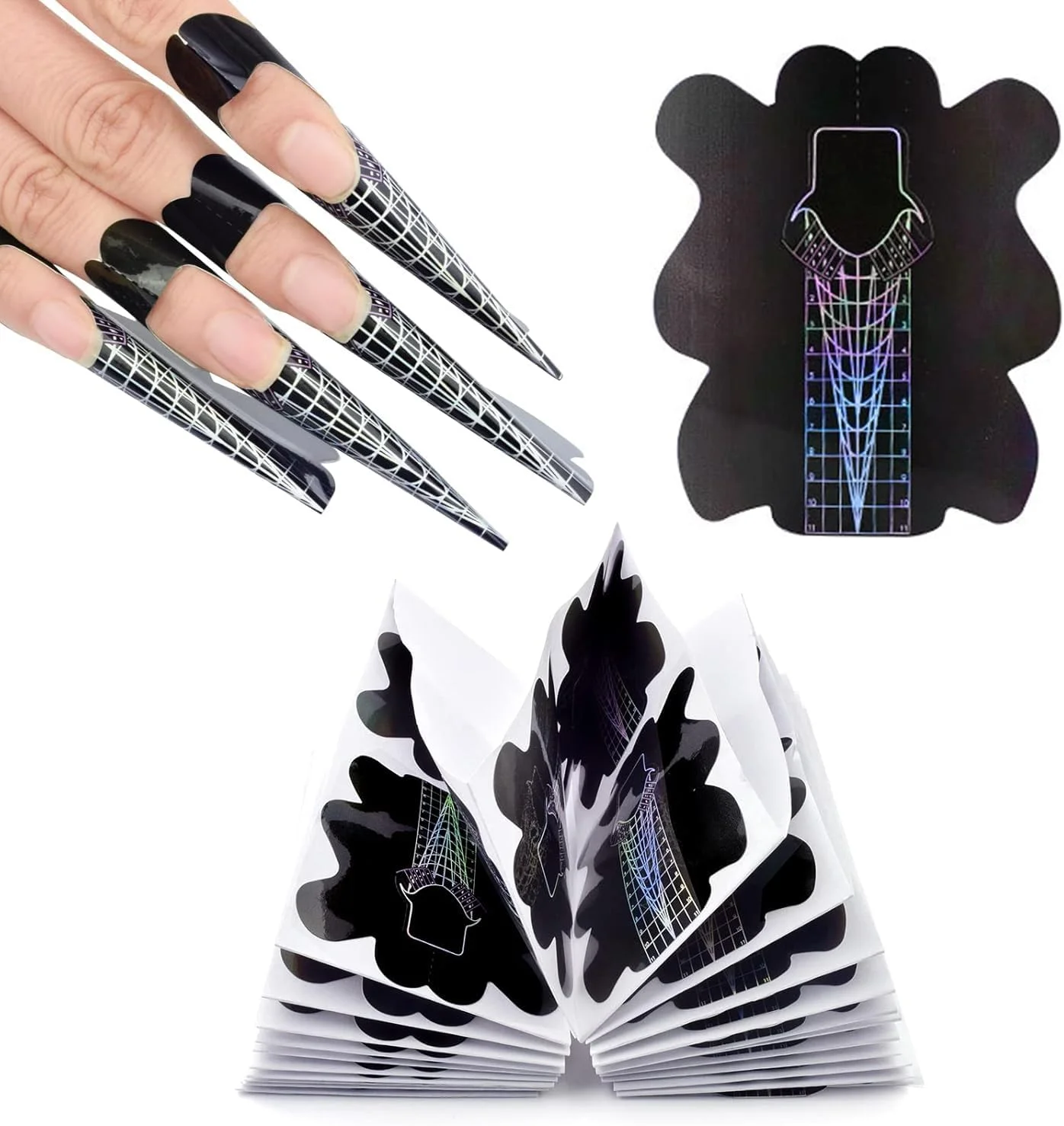 قالب ناخن، بسته 100 عددی استیکرهای اکستنشن ناخن خودچسب مشکی Azonee، قالب سازنده ژل UV/ناخن اکریلیک برای استفاده در سالن، نوک های قوی و بادوام