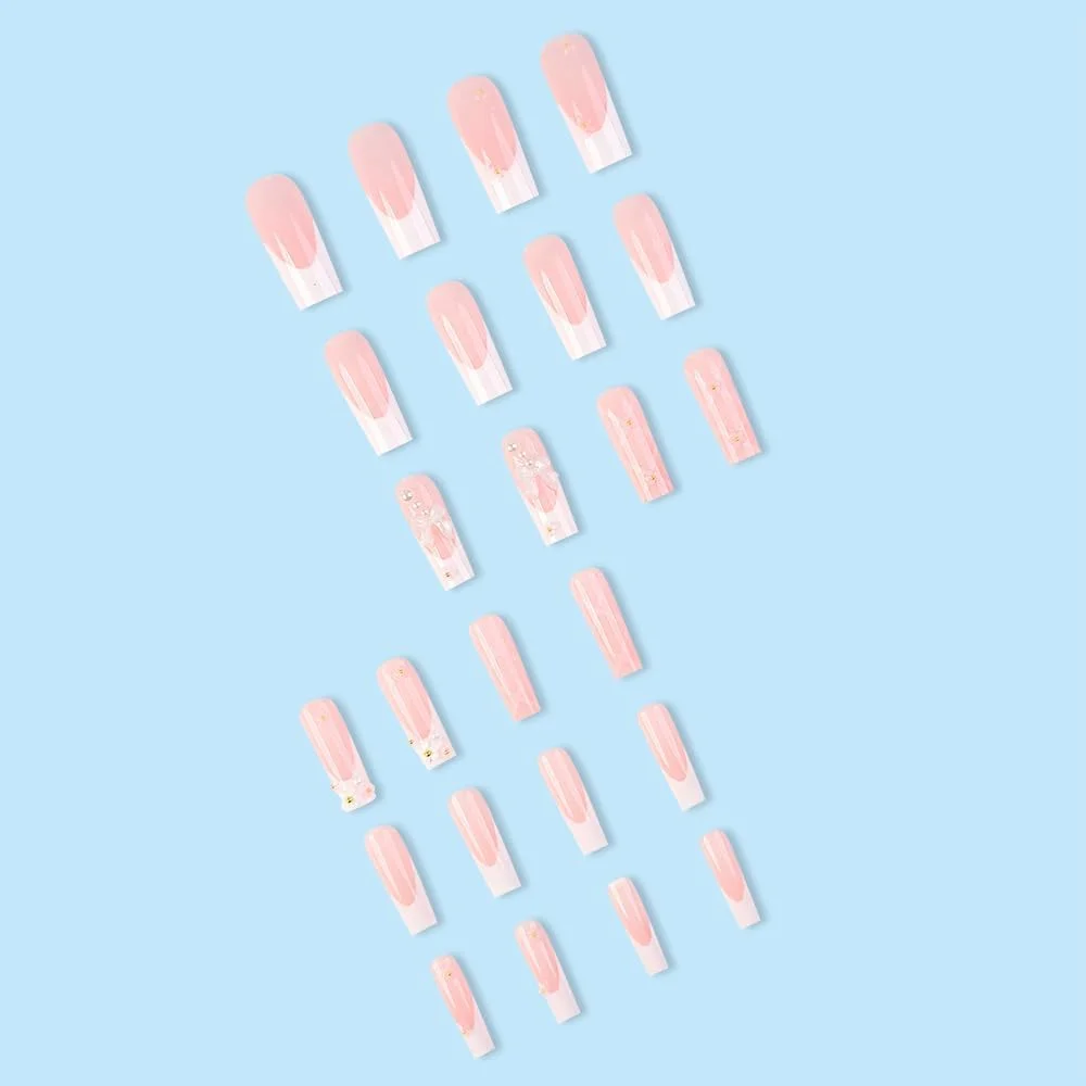 ناخن مصنوعی بلند مربعی آزون، 24 عدد، صورتی براق، ناخن های اکریلیک سفید، چسب ناخن برهنه براق، نوک ناخن مصنوعی فرانسوی، با طرح های گل پاپیونی سه بعدی، کیت ناخن مصنوعی اکریلیک زیبا