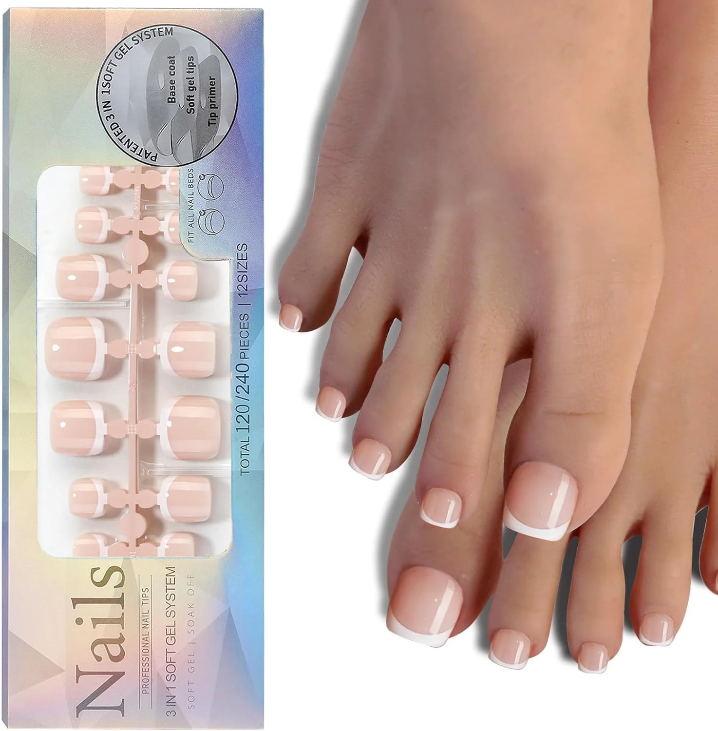 ناخن مصنوعی پا آزونی، 120 عددی، طرح فرنچ، ناخن های کوتاه طبیعی مربعی، پوشش کامل ناخن های اکریلیک برای طراحی ناخن در خانه، مناسب بانوان و دختران (03)