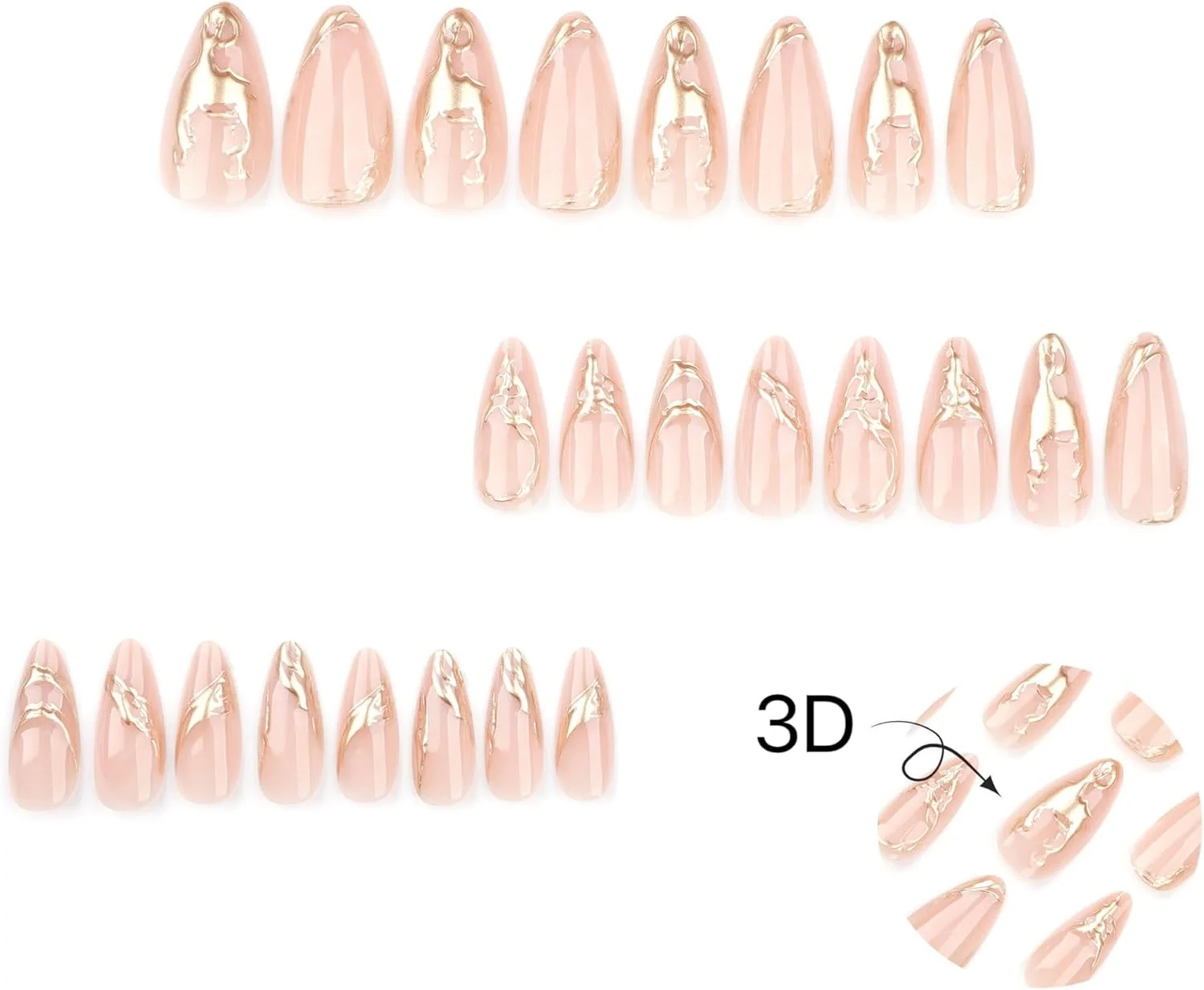 ناخن مصنوعی بادامی طلایی Azonee، 24 عددی، ناخن های مصنوعی متوسط با طراحی کروم طلایی سه بعدی، چسب ناخن پوشش کامل اکریلیک برای زنان، مهمانی ها و مناسبت های خاص