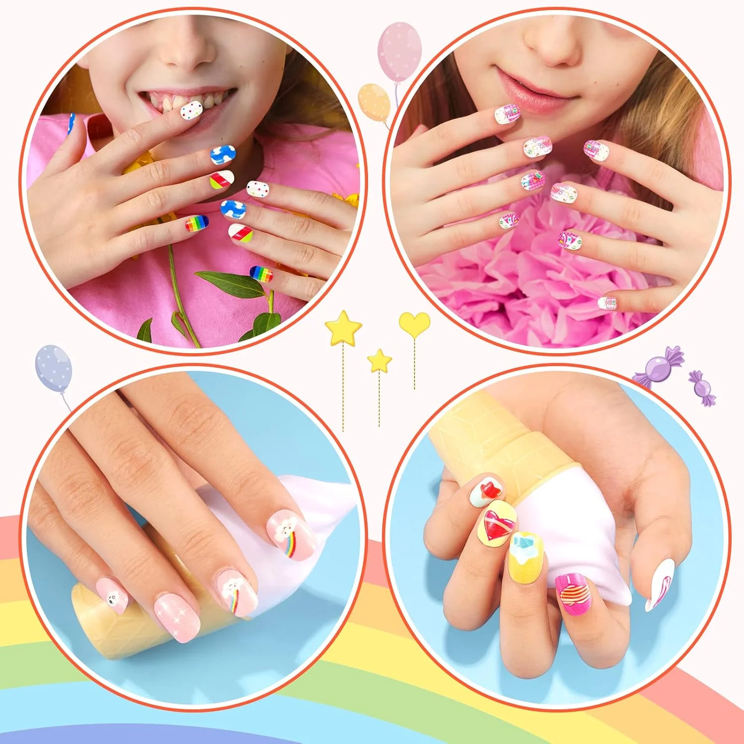 ناخن مصنوعی چسبی دخترانه ALIVER، 144 عدد ناخن مصنوعی بچگانه، نوک ناخن مصنوعی از قبل چسب دار پوشش کامل ناخن های اکریلیک کوتاه برای تزئین ناخن دخترانه (آبنبات رنگین کمانی)