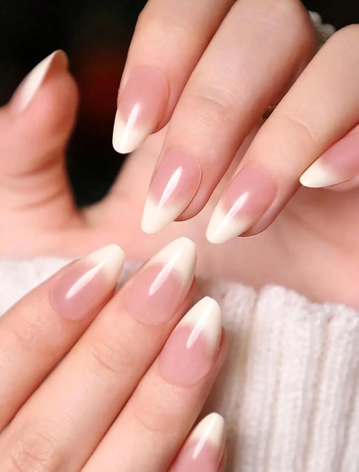 ناخن مصنوعی بادامی، نوک فرنچ طبیعی، رنگ خنثی بلند، براق، 24 عدد، ناخن مصنوعی براق، طراحی ناخن شیک، ناخن های اکریلیک مصنوعی به سبک لعاب دار با سوهان و چسب