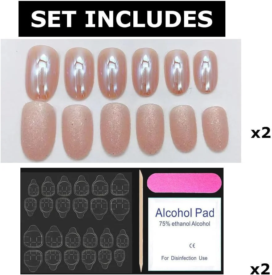 ناخن مصنوعی بادامی، کوتاه، گرد، کروم، براق، با پودر اکلیلی، طرح دار، ناخن های اکریلیک چسبی، ناخن های مصنوعی برای زنان و دختران (2 بسته، 48 عدد)