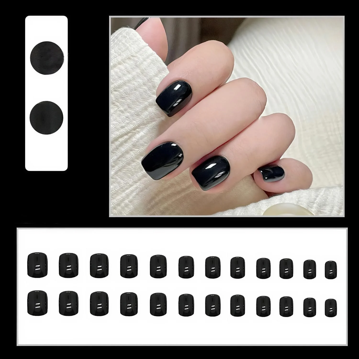 ناخن مصنوعی 24 عددی Auspfav، ناخن چسبی، ناخن پرسی در 12 سایز مختلف با چسب ناخن قابل جابجایی، هنر ناخن دخترانه زنانه (گرد کوتاه و مشکی)