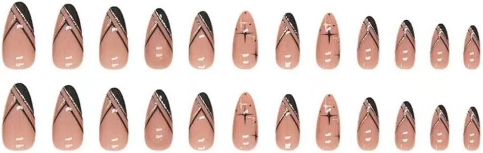 24 عدد ناخن مصنوعی فرنچ با نوک طلایی و طرح ستاره، فرم بادامی متوسط، پوشش کامل، مناسب برای طراحی ناخن اکریلیک بانوان و دختران