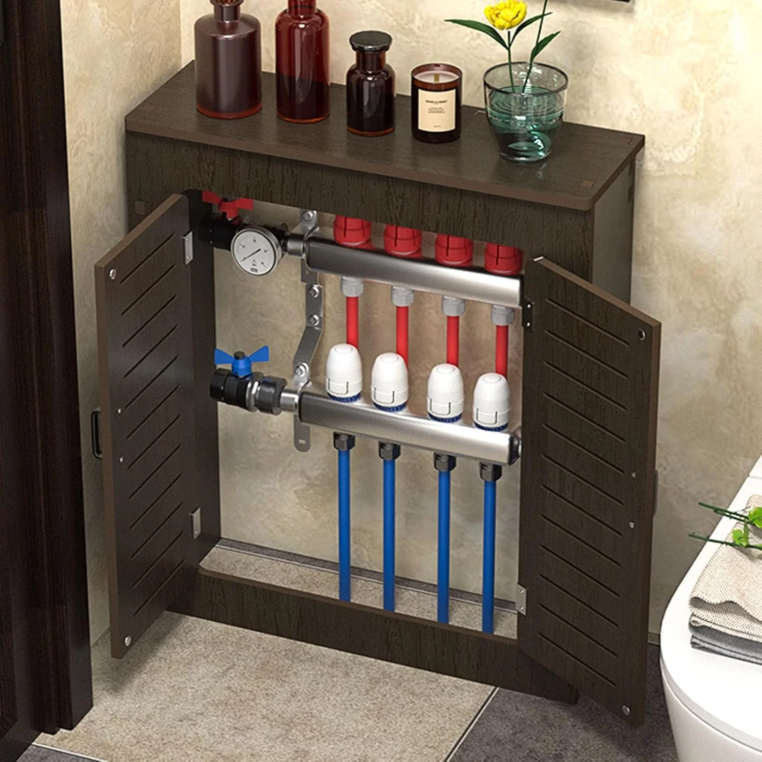 روکش رادیاتور قهوه ای YUGXTH، قفسه کابینت گرمایشی، روکش رادیاتور مدرن، کابینت قفسه ای، دکور مبلمان اتاق نشیمن کابینت رادیاتور گرمایشی PVC، فضای قفسه اضافی (L60xH70xW20cm)