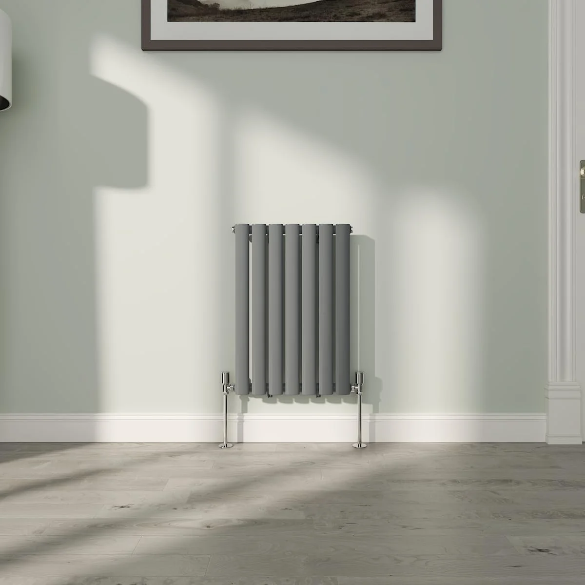 رادیاتور حوله خشک کن بیضی شکل NRG مدل تک پنل آنتراسیت مناسب برای سیستم گرمایش مرکزی حمام، ابعاد 600x413 میلی متر