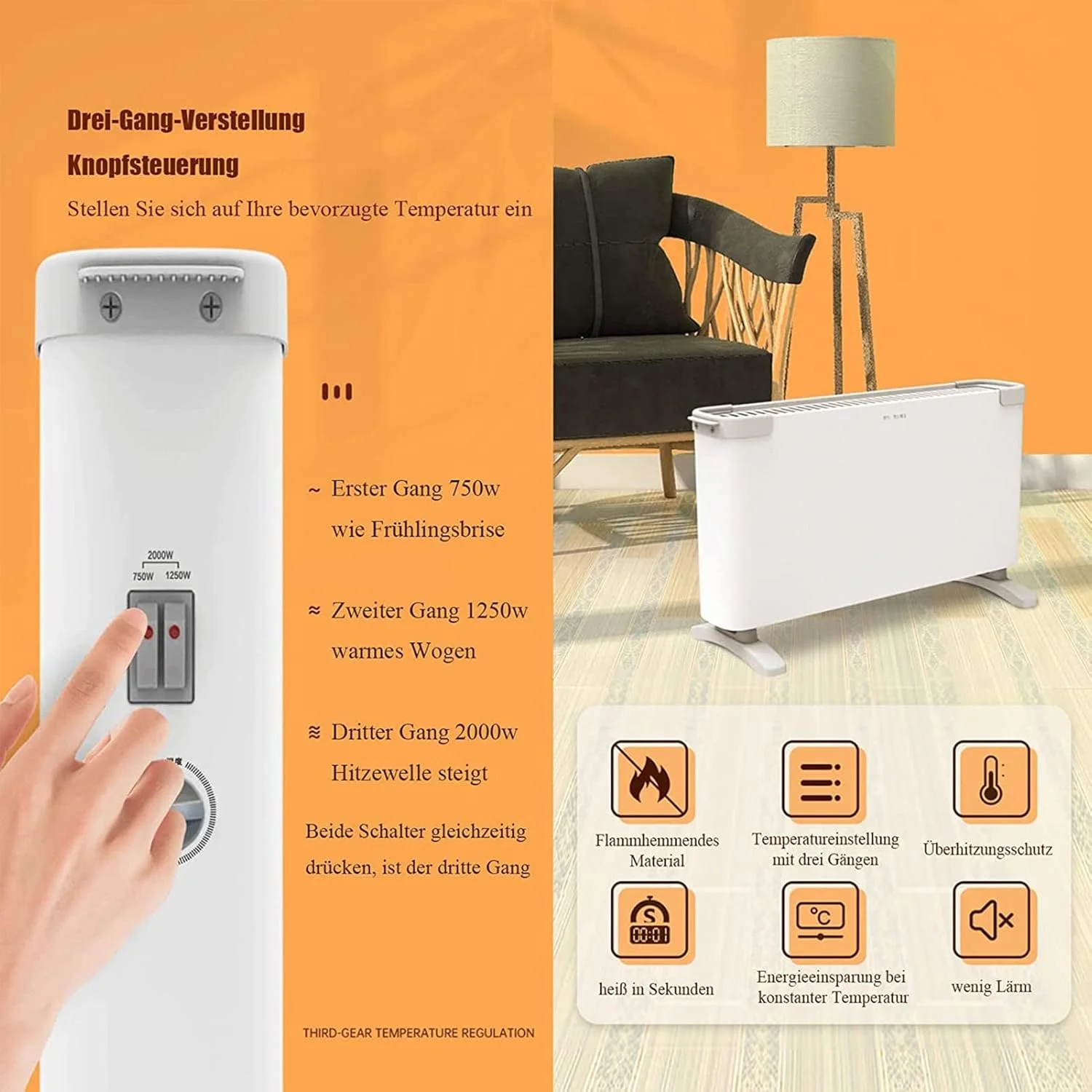 گرمایش همرفتی برقی با ترموستات، گرمایش 2000 وات صرفه جویی در انرژی، رادیاتور برقی متحرک برای اتاق تا 20 متر مربع، رادیاتور برقی متحرک