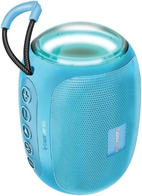 اسپیکر بلوتوثی پرومیت مدل Capsule-3، اسپیکر بی‌سیم قابل حمل HD با توان 5 وات و نورهای LED، بلوتوث نسخه 5.3، زمان پخش طولانی، پورت AUX 3.5 میلی‌متری، پورت USB و درگاه کارت TF مناسب برای آیفون 16 و گلکسی S25