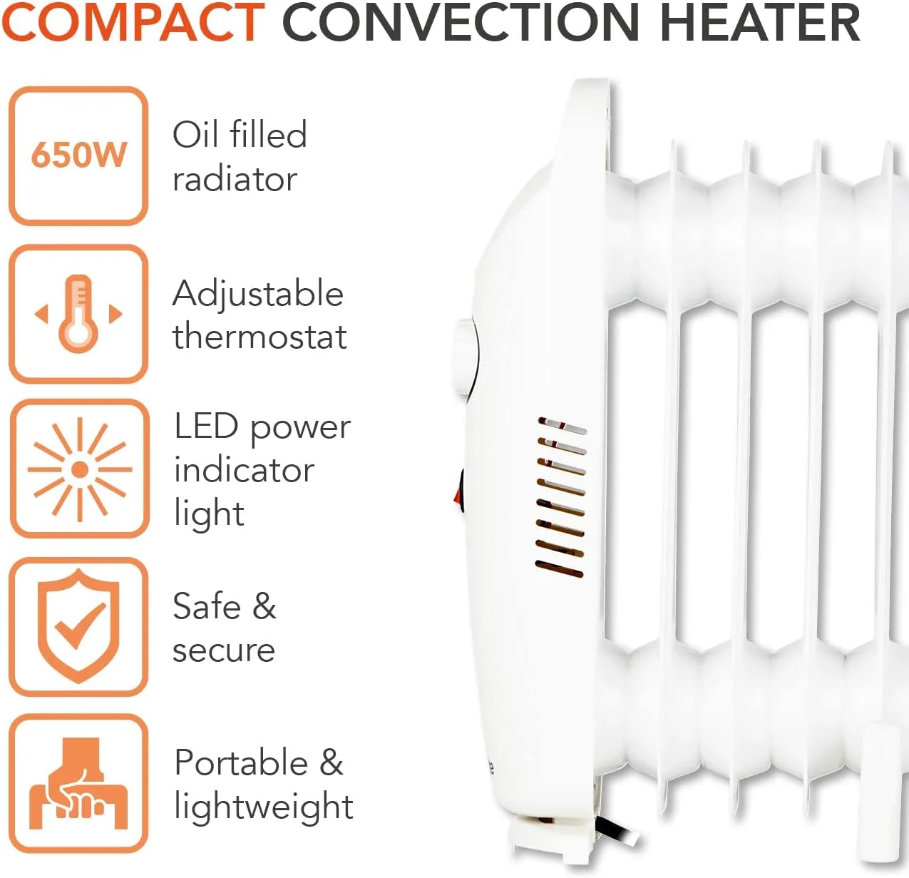 رادیاتور روغنی 5 پره Warmlite WL43002YW با ترموستات قابل تنظیم و محافظت در برابر گرمای بیش از حد، 650 وات، سفید