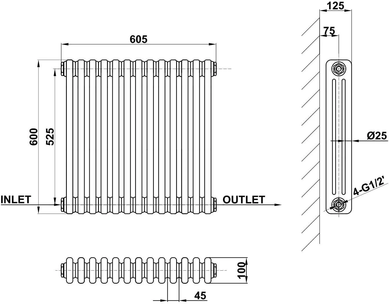 رادیاتور حمام افقی سنتی GY آنتراسیت 3 ستونی طراح 600x605mm رادیاتورهای گرمایش مرکزی مدرن به سبک چدن