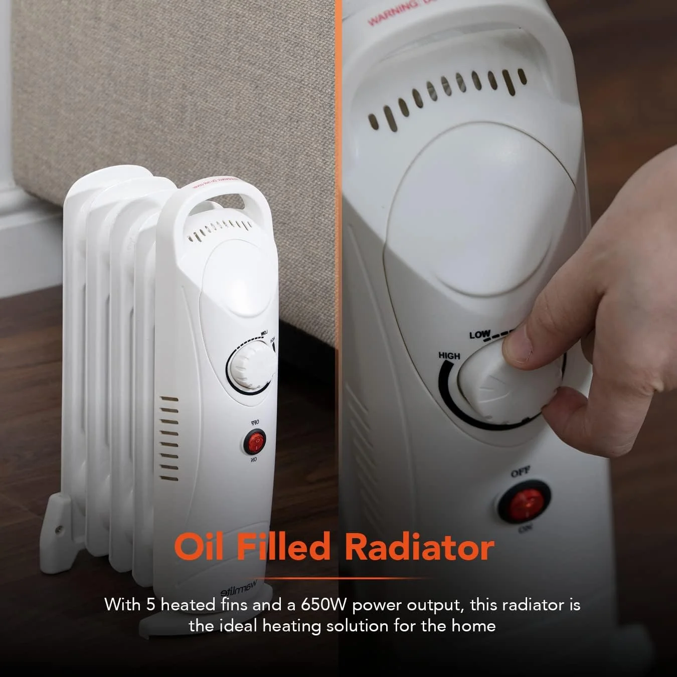 رادیاتور روغنی 5 پره Warmlite WL43002YW با ترموستات قابل تنظیم و محافظت در برابر گرمای بیش از حد، 650 وات، سفید