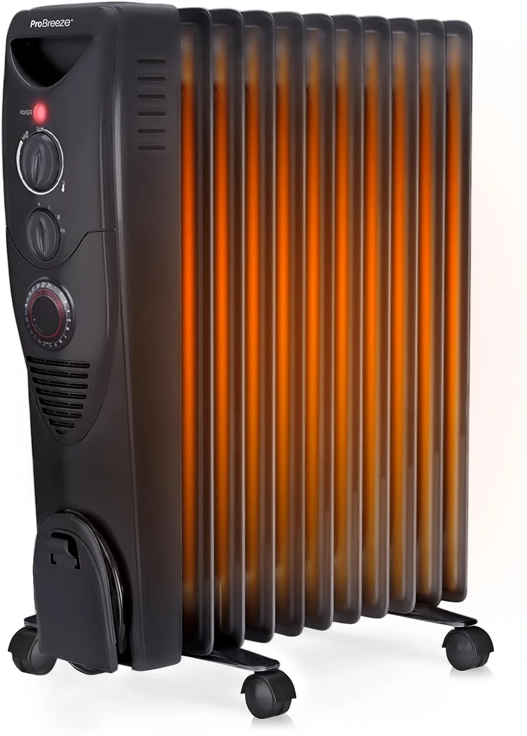 رادیاتور روغنی پرو بریز با 11 پره - رادیاتور برقی باریک - بخاری روغنی قابل حمل با تایمر 24 ساعته داخلی، 3 تنظیمات حرارتی، ترموستات قابل تنظیم (رادیاتور مشکی)