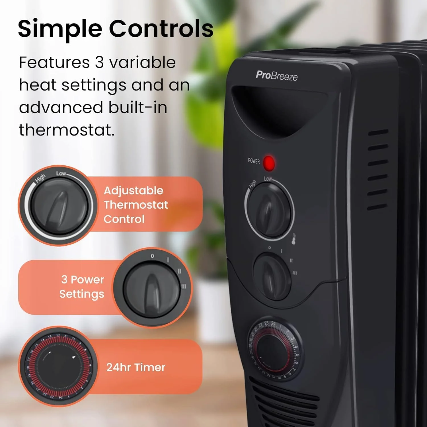 رادیاتور روغنی پرو بریز با 11 پره - رادیاتور برقی باریک - بخاری روغنی قابل حمل با تایمر 24 ساعته داخلی، 3 تنظیمات حرارتی، ترموستات قابل تنظیم (رادیاتور مشکی)