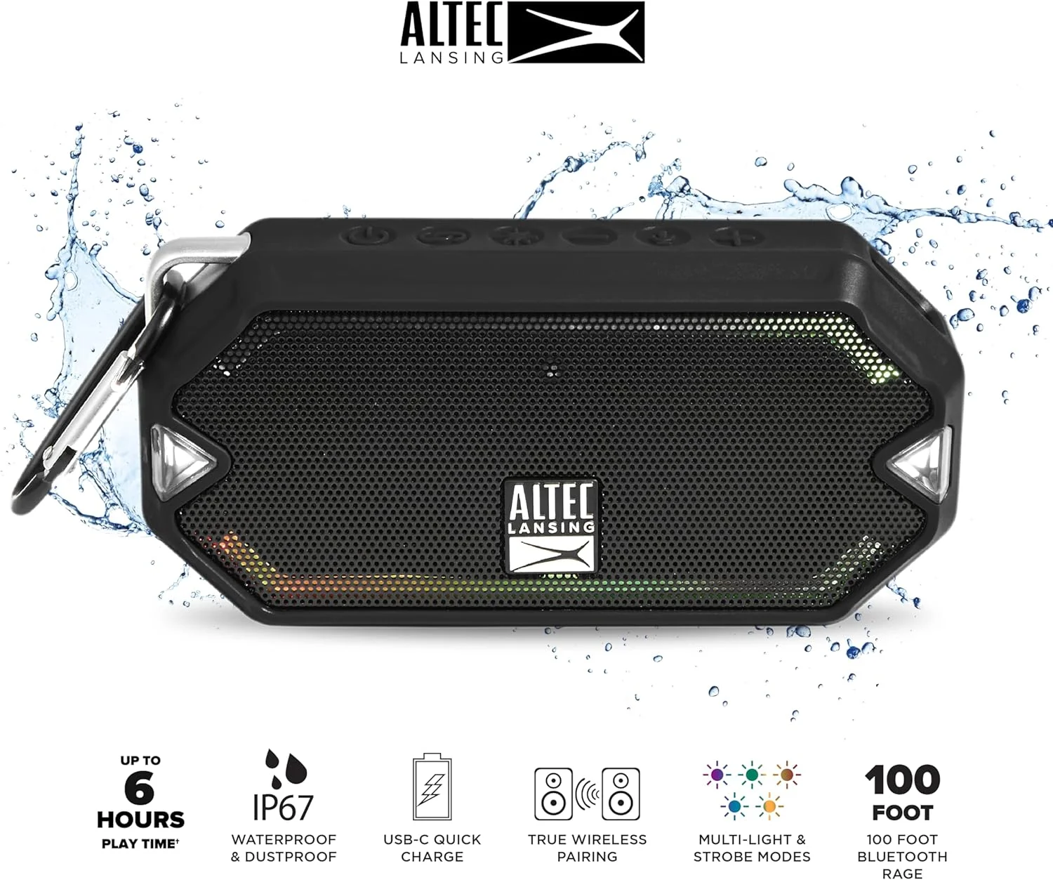 اسپیکر بلوتوثی بی سیم ضد آب Altec Lansing HydraMini با 6 ساعت پخش، شارژ سریع USB-C، مقاوم در برابر آب، گرد و غبار و عرق IP67، نمایش نور LED و حالت Strobe (مشکی) اسپیکر بلوتوثی بی سیم ضد آب Altec Lansing HydraMini با 6 ساعت پخش، شارژ سریع USB-C، مقاوم در برابر آب، گرد و غبار و عرق IP67، نمایش نور LED و حالت Strobe (مشکی)