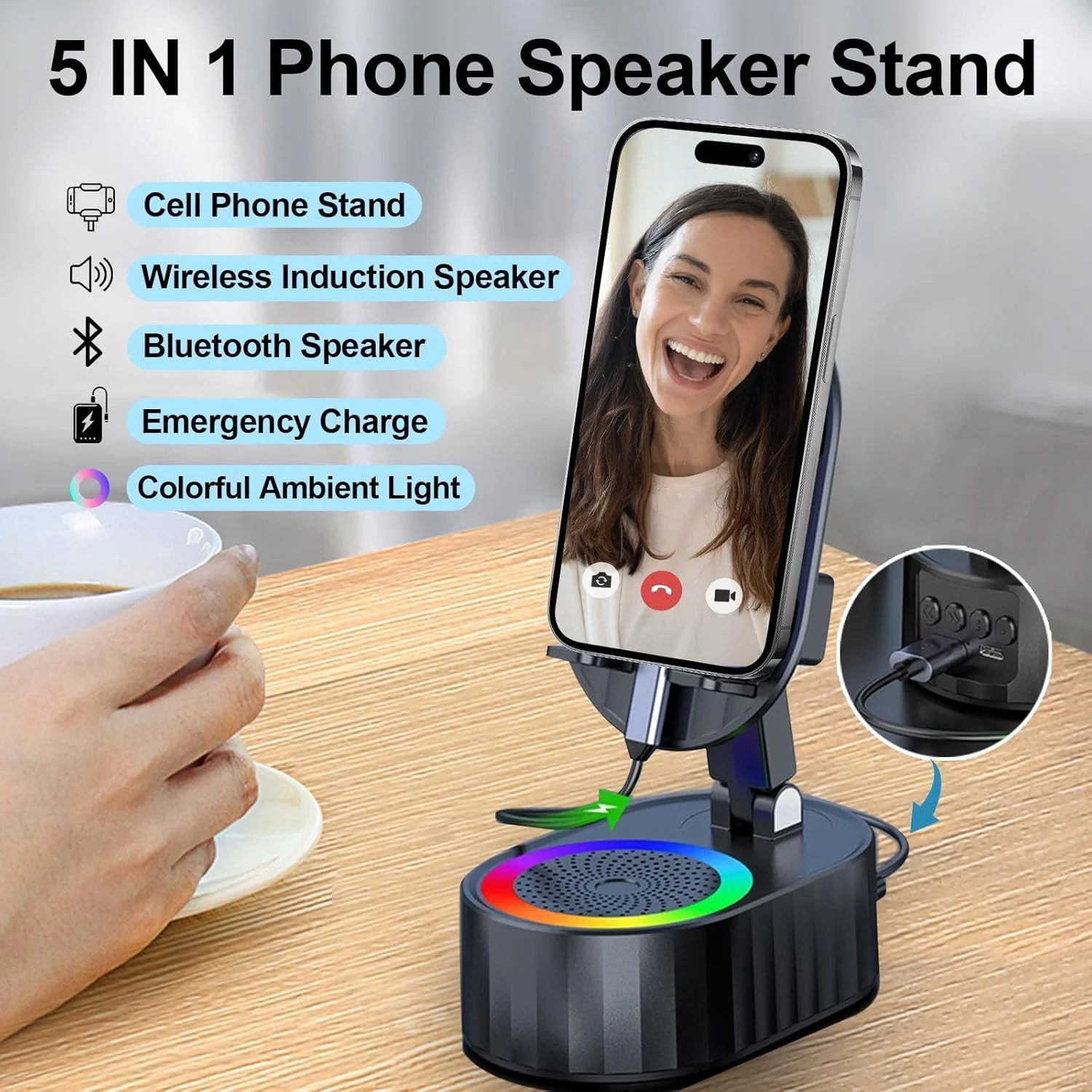 AKLLCCR Wireless Induction Audio Bluetooth Speaker 5in1 Phone Holder Portable Power Tablet Stand with Colorful Ambient Light for iPhone Android Unique Cool Gadget Tech Gifts for Friend, Family(Black)