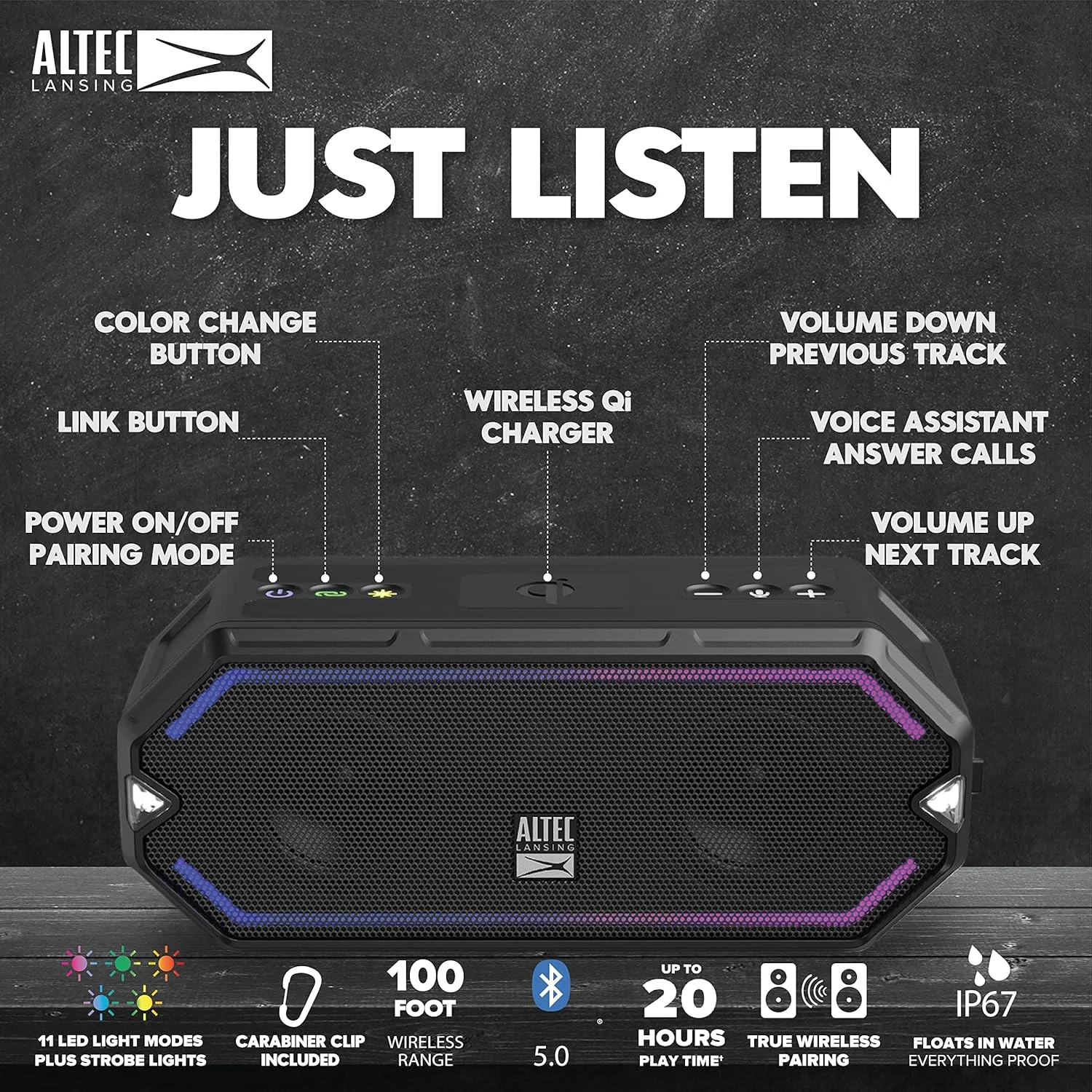 اسپیکر بلوتوثی قابل حمل بی سیم Altec Lansing IMW1300 HydraBlast، ضد آب IP67، اسپیکرهای شارژی USB C مناسب فضای باز با شارژر تلفن داخلی و چراغ های LED، 20 ساعت پخش - مشکی اسپیکر بلوتوثی قابل حمل بی سیم Altec Lansing IMW1300 HydraBlast، ضد آب IP67، اسپیکرهای شارژی USB C مناسب فضای باز با شارژر تلفن داخلی و چراغ های LED، 20 ساعت پخش - مشکی