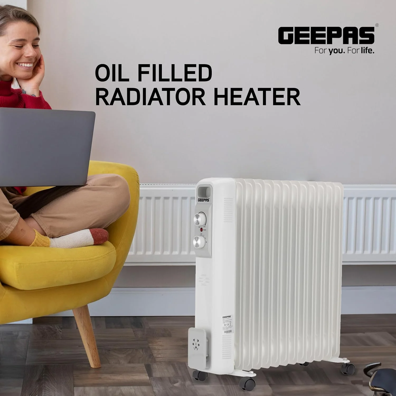 رادیاتور روغنی 13 پره جیپاس مدل GRH28562 | 3 تنظیمات حرارت | ترموستات قابل تنظیم | محافظت در برابر گرمای بیش از حد، کلید ایمنی واژگونی | بخاری قابل حمل | چراغ نشانگر روشن و محل نگهداری سیم