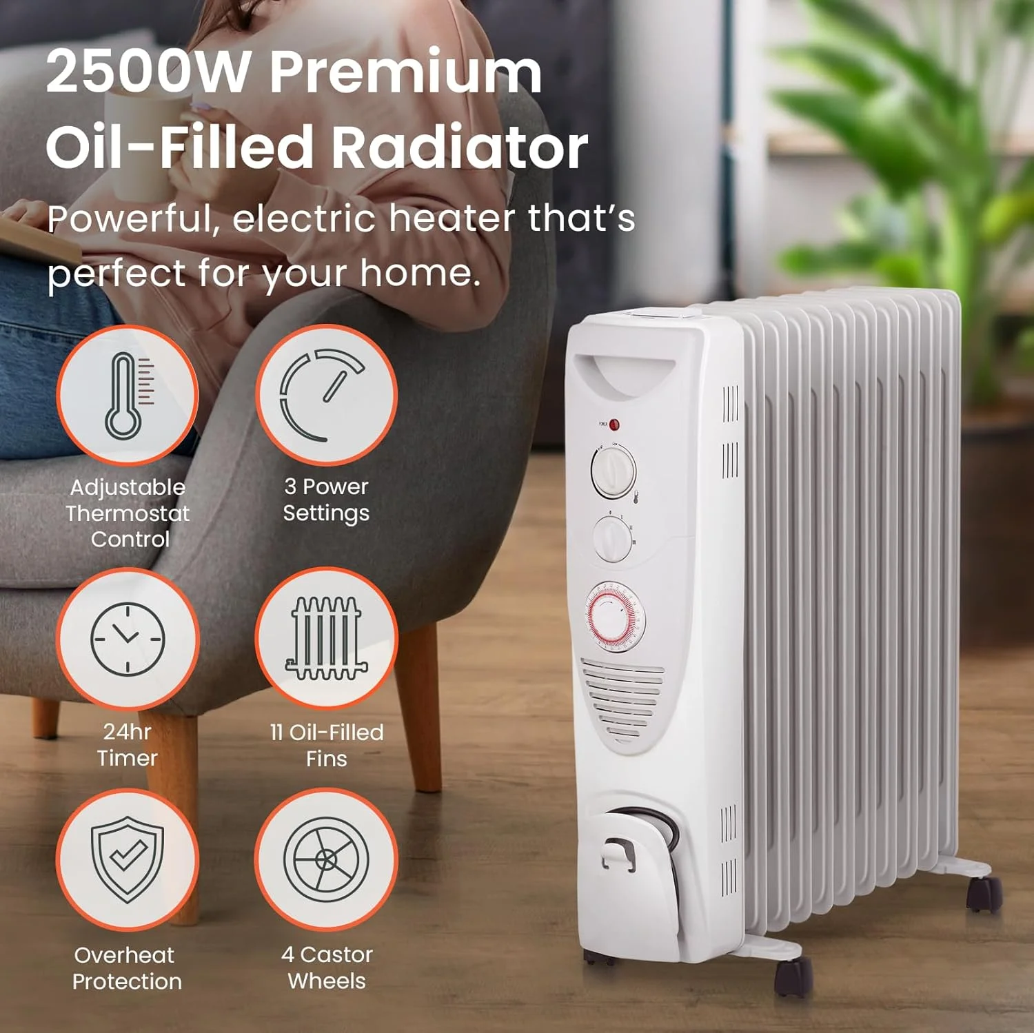 رادیاتور روغنی پروبریز با 11 پره - رادیاتور برقی باریک - بخاری روغنی قابل حمل با تایمر 24 ساعته داخلی، 3 تنظیمات حرارت، ترموستات قابل تنظیم (رادیاتور سفید)
