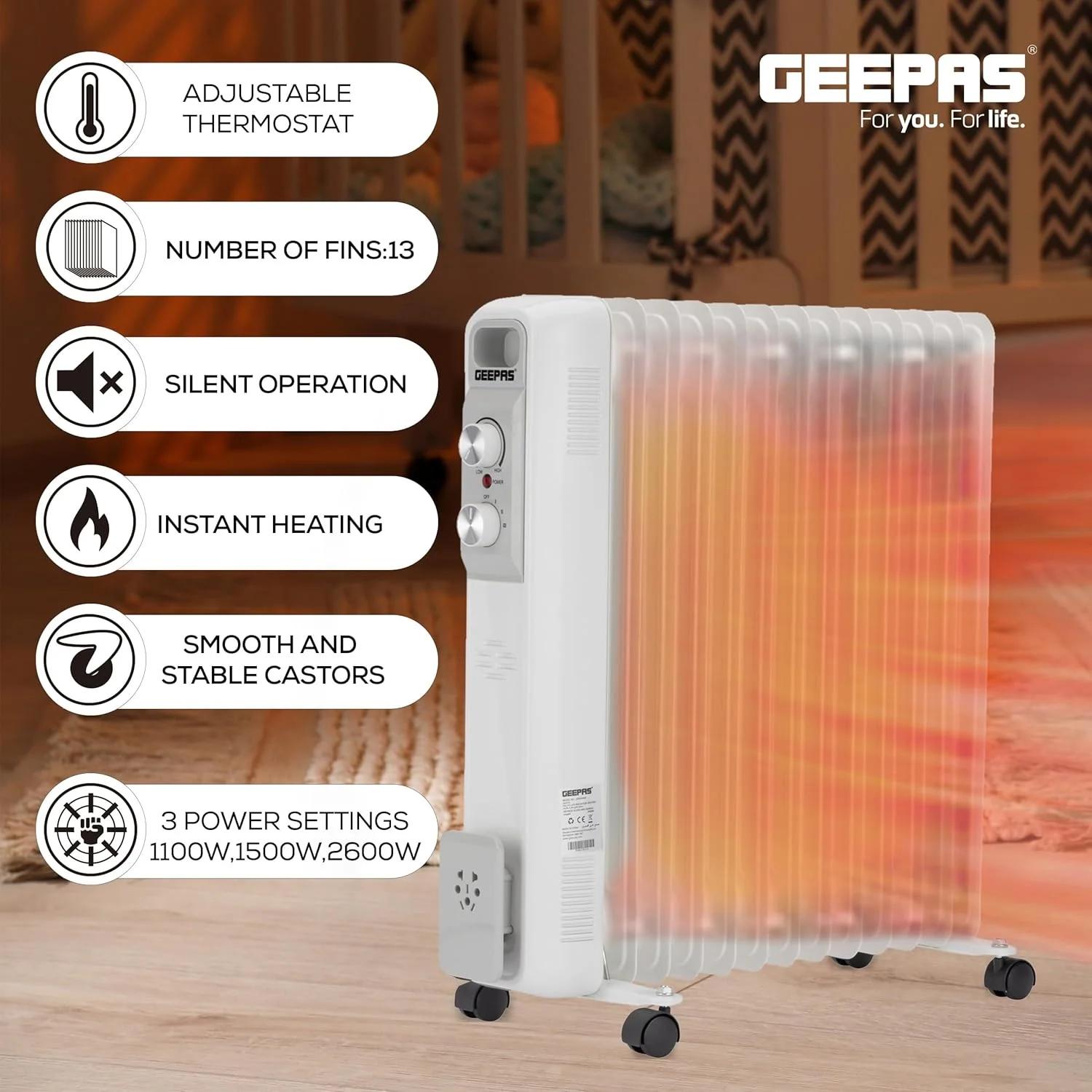 رادیاتور روغنی 13 پره جیپاس مدل GRH28562 | 3 تنظیمات حرارت | ترموستات قابل تنظیم | محافظت در برابر گرمای بیش از حد، کلید ایمنی واژگونی | بخاری قابل حمل | چراغ نشانگر روشن و محل نگهداری سیم