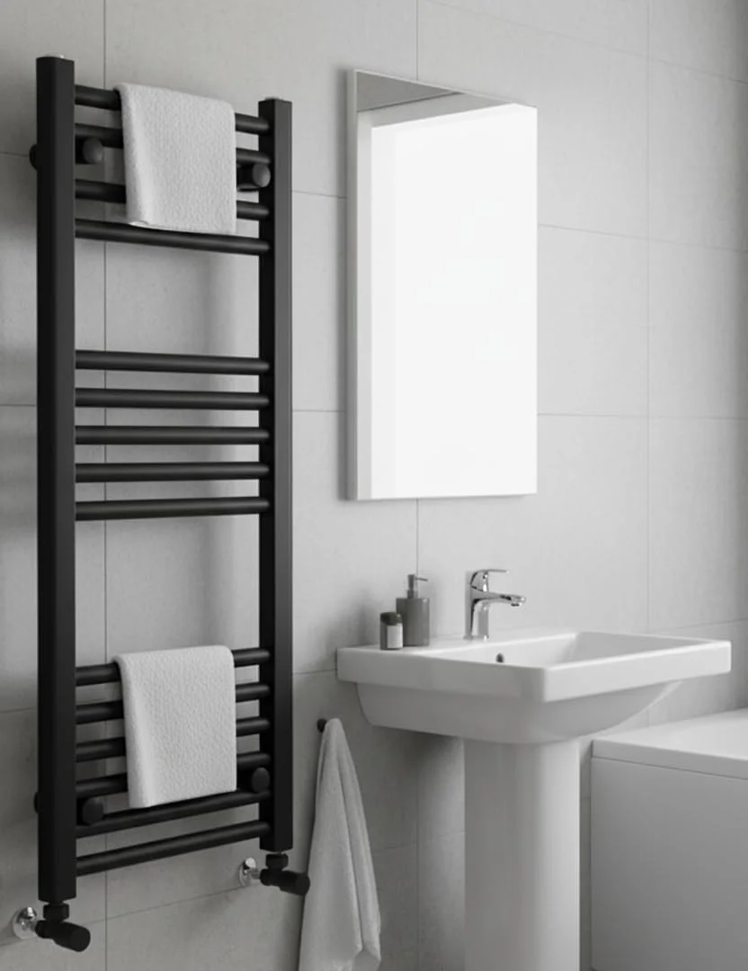 رادیاتور حوله خشک کن مشکی مات گریند هاوس میلانو، مدل صاف، ابعاد 500x800 میلی متر، مناسب برای سیستم گرمایش مرکزی