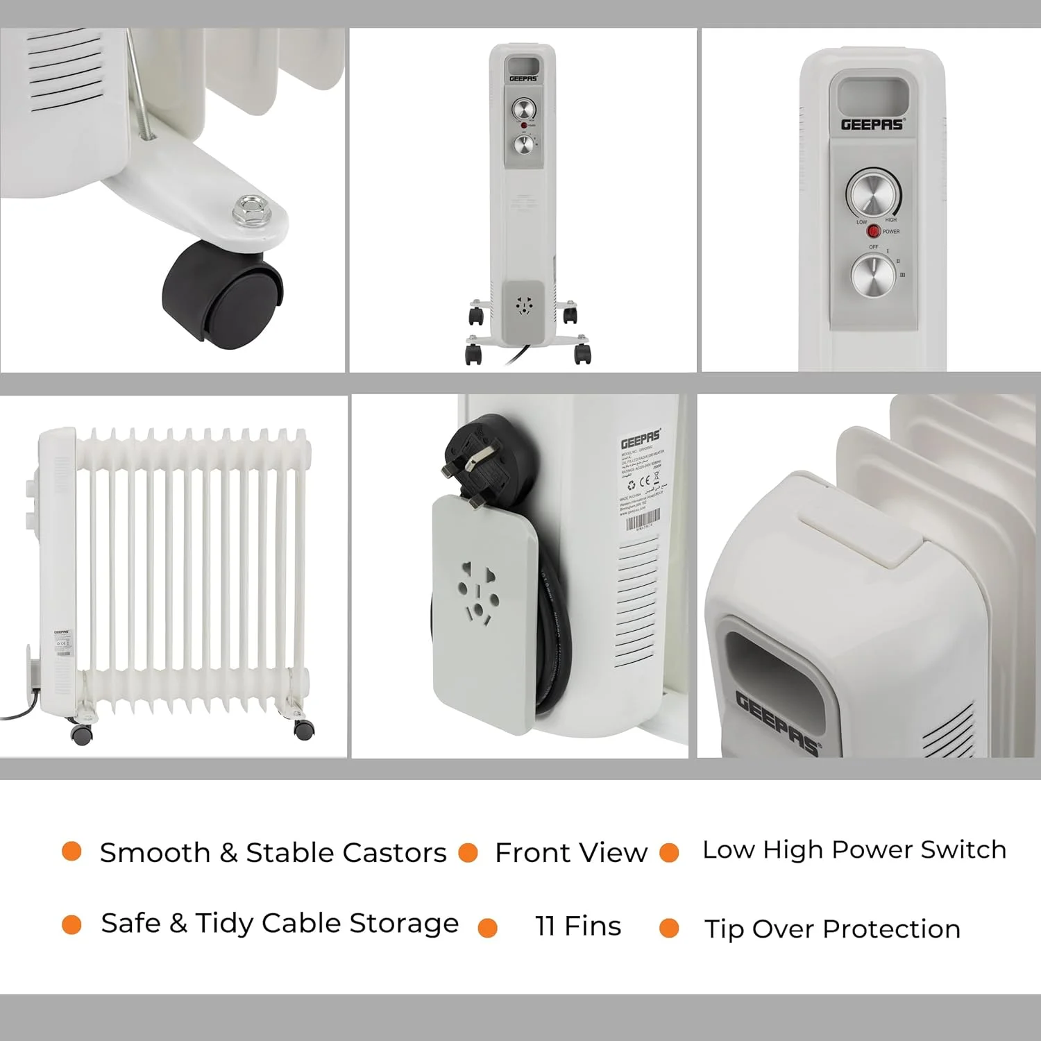 رادیاتور روغنی 13 پره جیپاس مدل GRH28562 | 3 تنظیمات حرارت | ترموستات قابل تنظیم | محافظت در برابر گرمای بیش از حد، کلید ایمنی واژگونی | بخاری قابل حمل | چراغ نشانگر روشن و محل نگهداری سیم