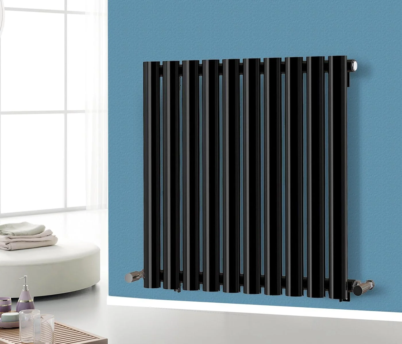 رادیاتور شوفاژ طرح دار بیضی افقی مشکی تک پنل NRG، ابعاد 600mm x 590mm، مناسب برای سیستم گرمایش مرکزی