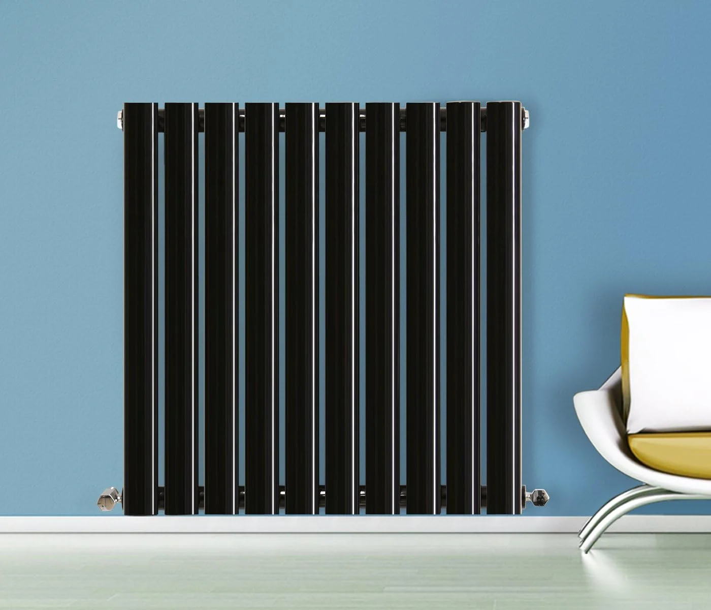 رادیاتور شوفاژ طرح دار بیضی افقی مشکی تک پنل NRG، ابعاد 600mm x 590mm، مناسب برای سیستم گرمایش مرکزی